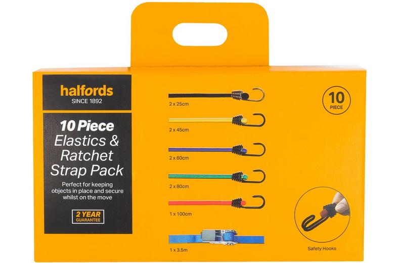Halfords 10 Piece Elastics and Ratchet Strap Pack Halfords 10 Piece Elastics and Ratchet Strap Pack