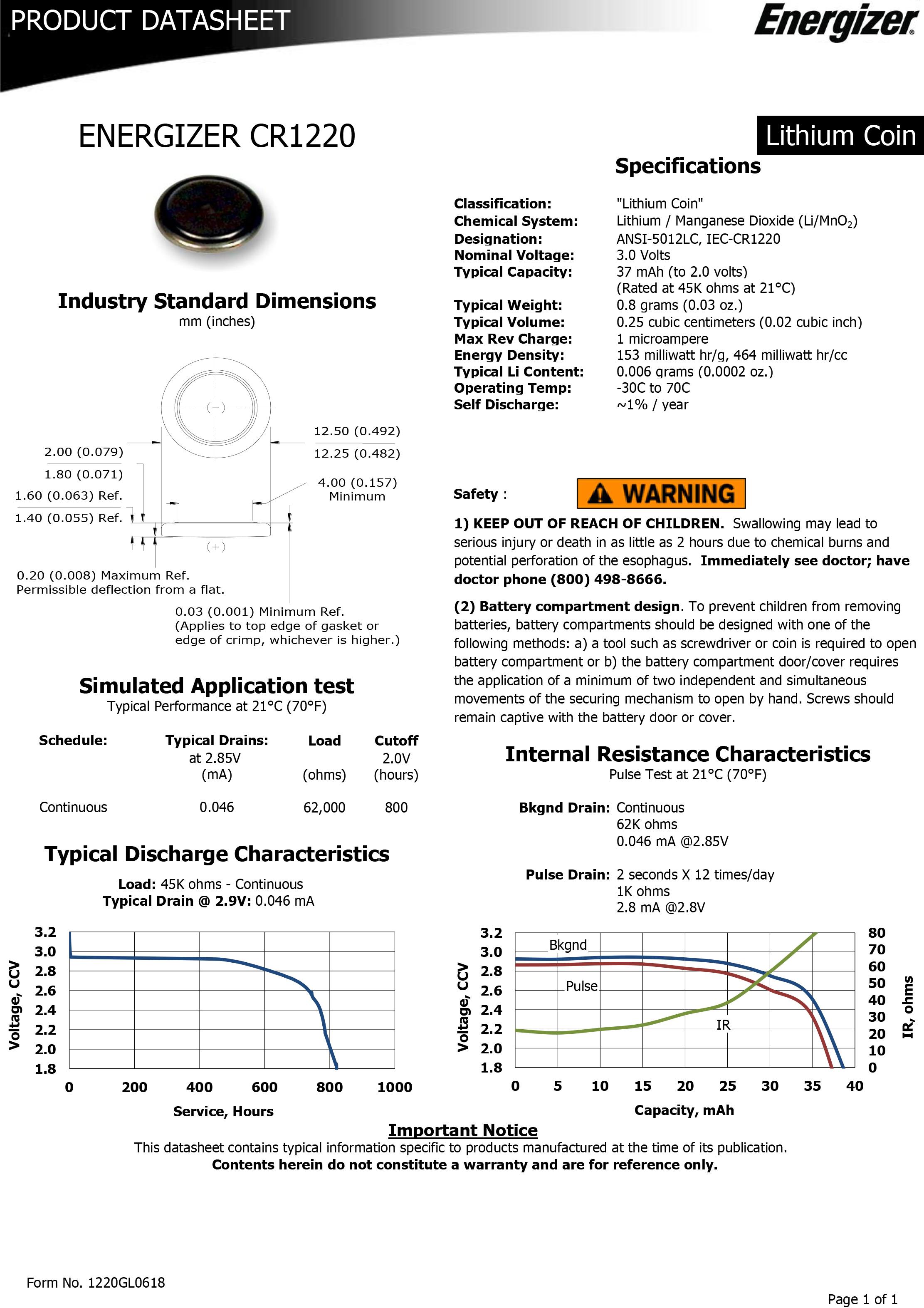 Energizer CR1220 Lithium Coin Battery