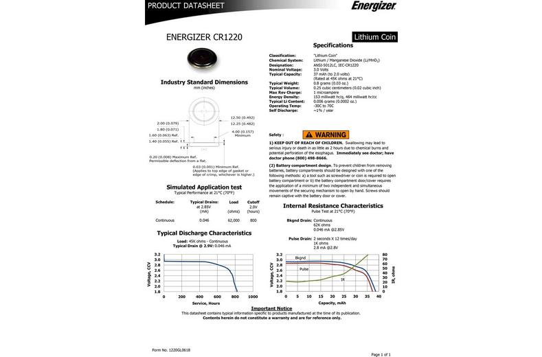 Energizer CR1220 Lithium Coin Battery Energizer CR1220 Lithium Coin Battery