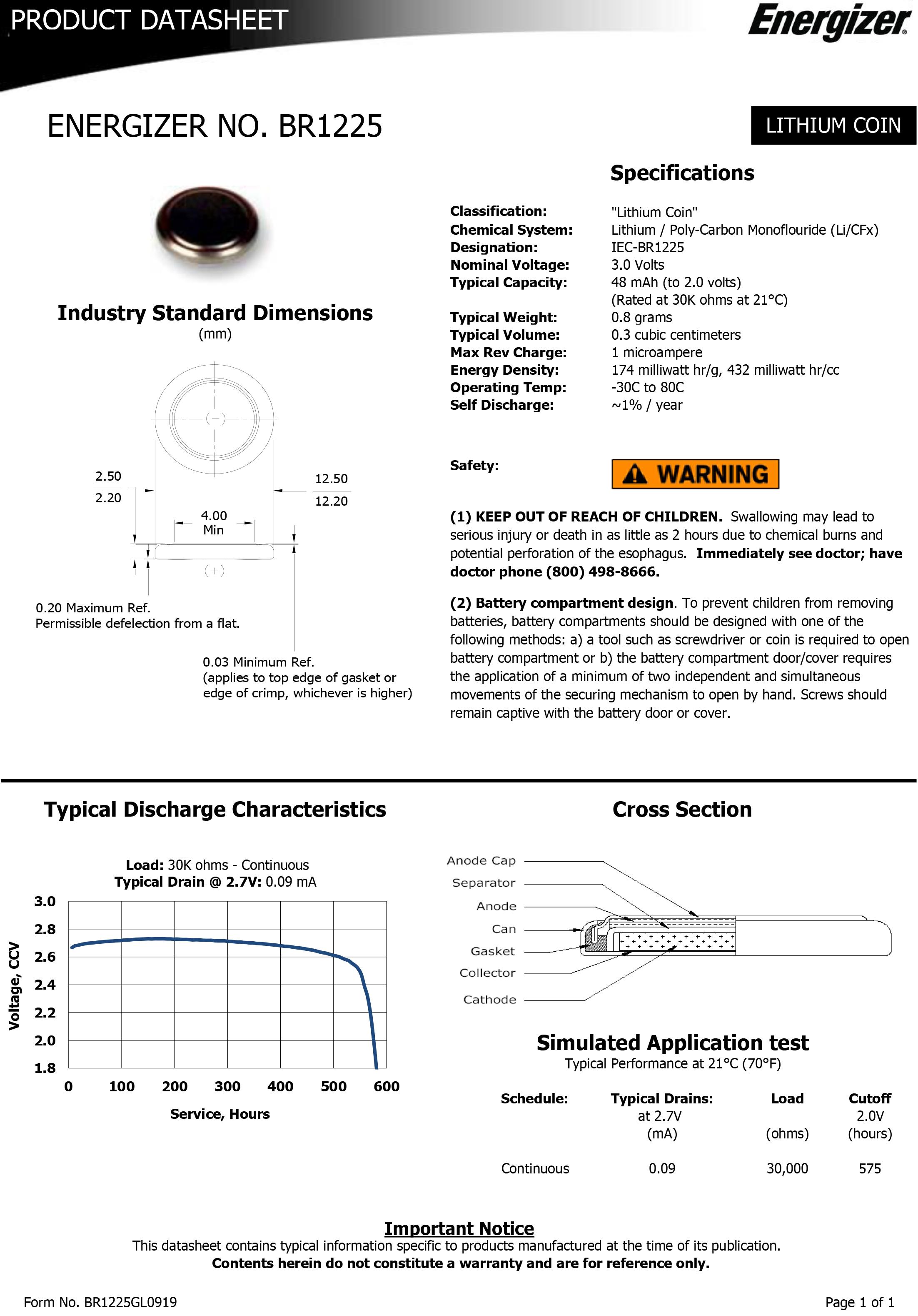 Energizer BR1225 Lithium Coin Battery