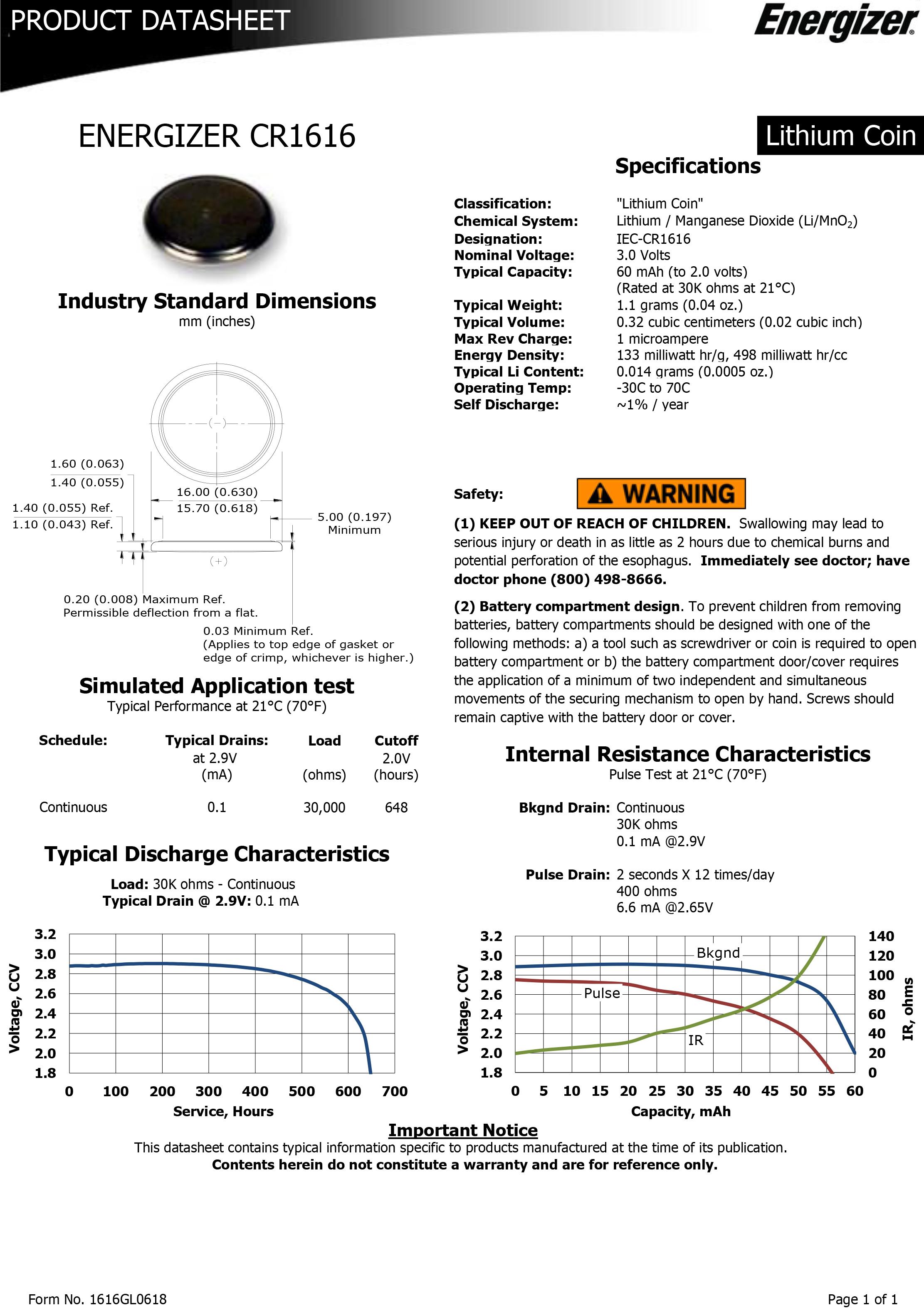 Energizer CR1616 Lithium Coin Battery
