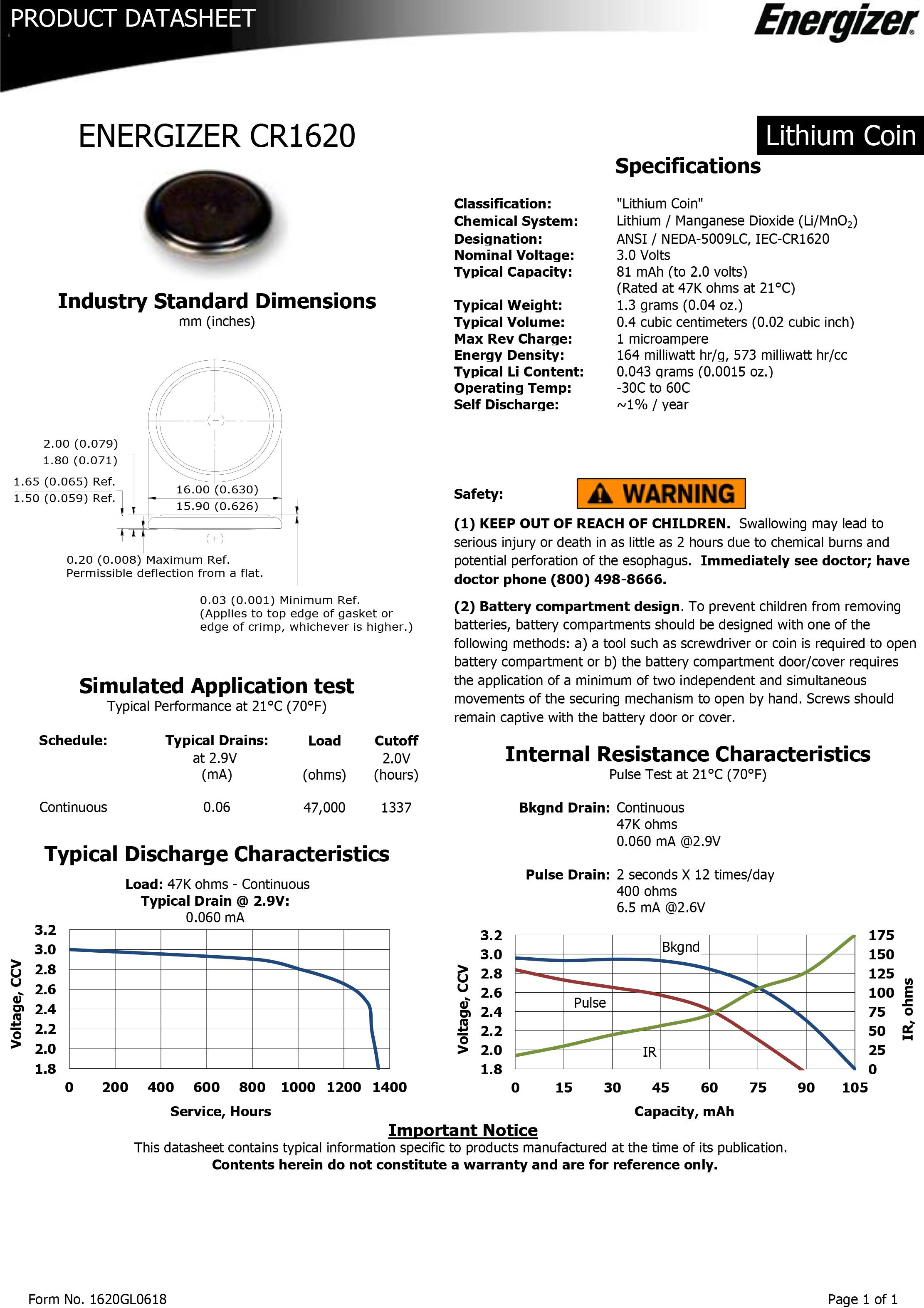 Energizer CR1620 Lithium Coin Battery