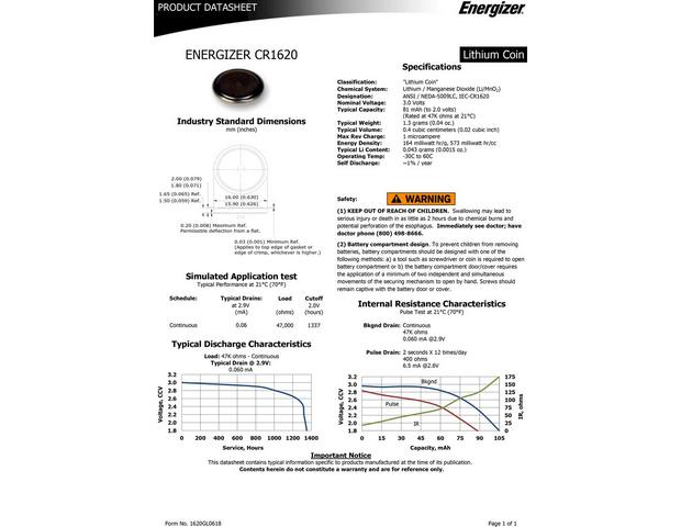 Energizer CR1620 Lithium Battery 1620 Watch 1620 Watch Battery