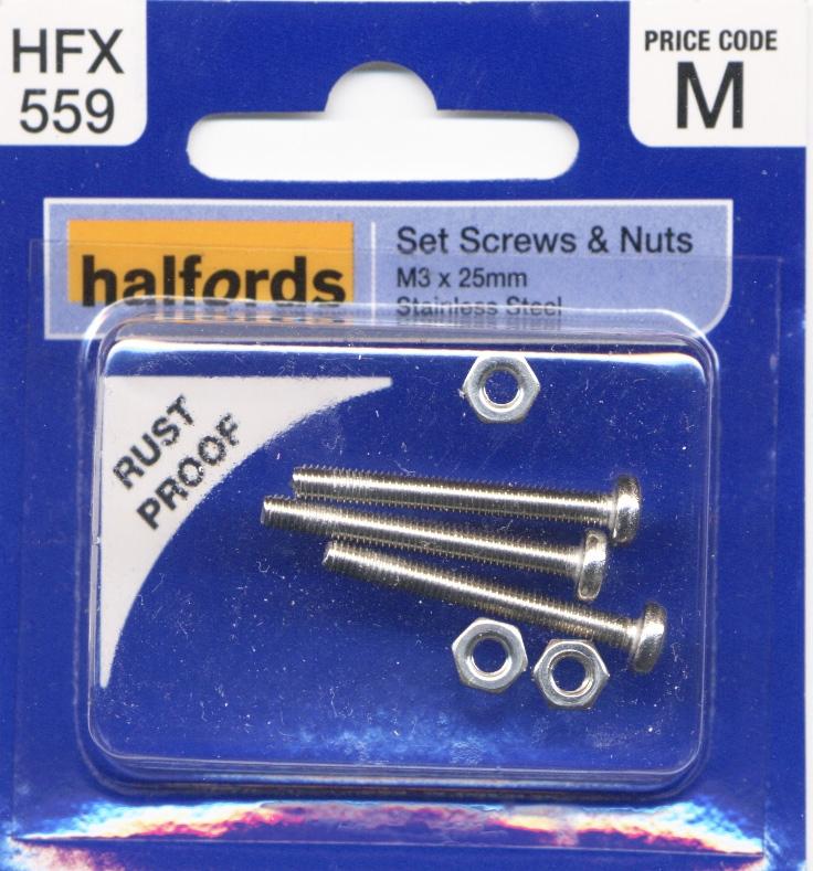 Halfords Set Screws And Nut M3 X 25Mm