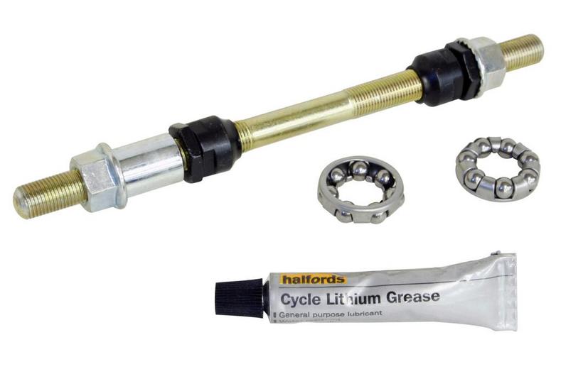 Halfords 10mm x 175mm Axle with Bearings and Grease - Chrome Halfords 10mm x 175mm Axle with Bearings and Grease - Chrome