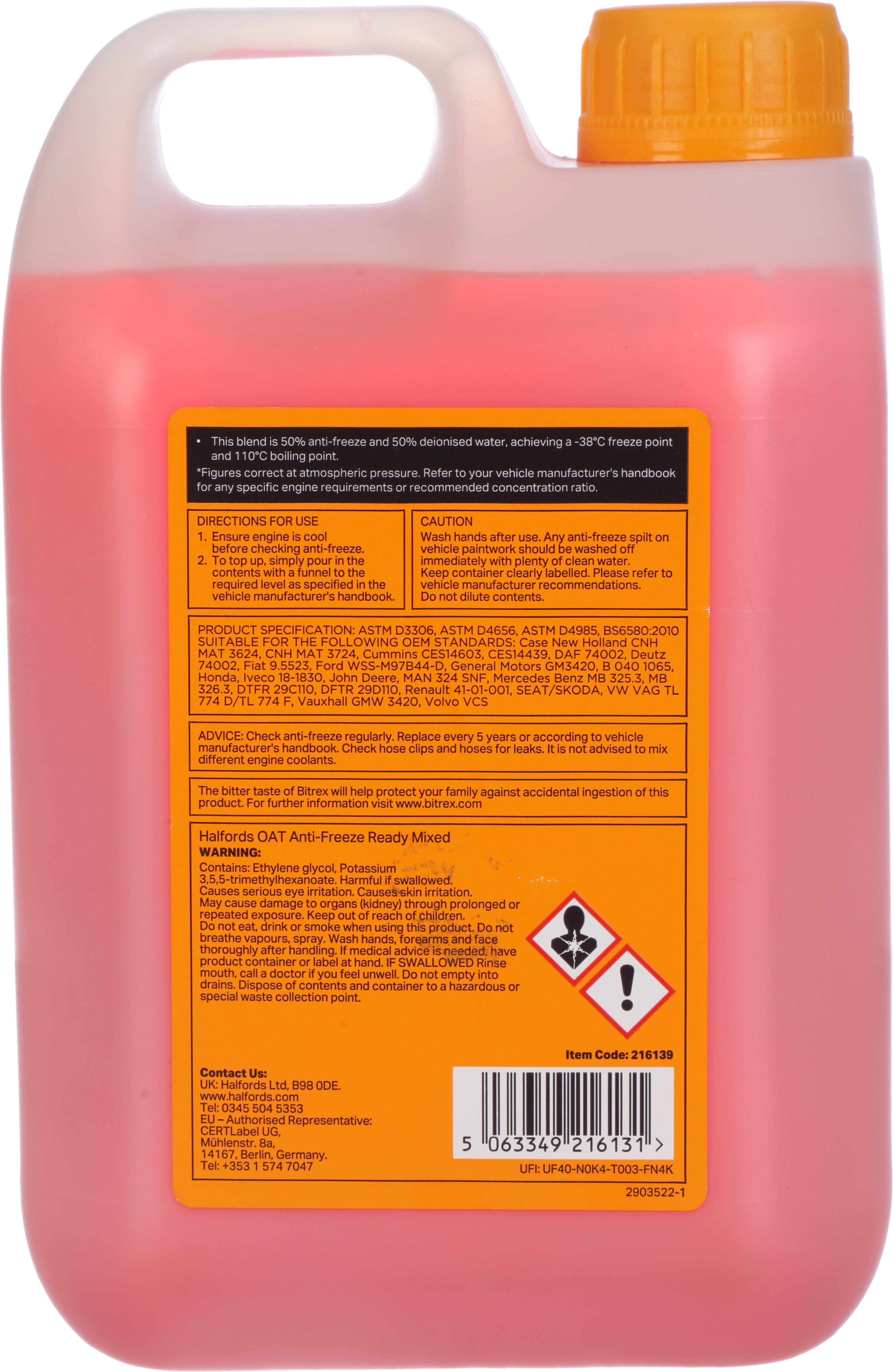 Halfords OAT Ready Mixed Antifreeze & Coolant 2L