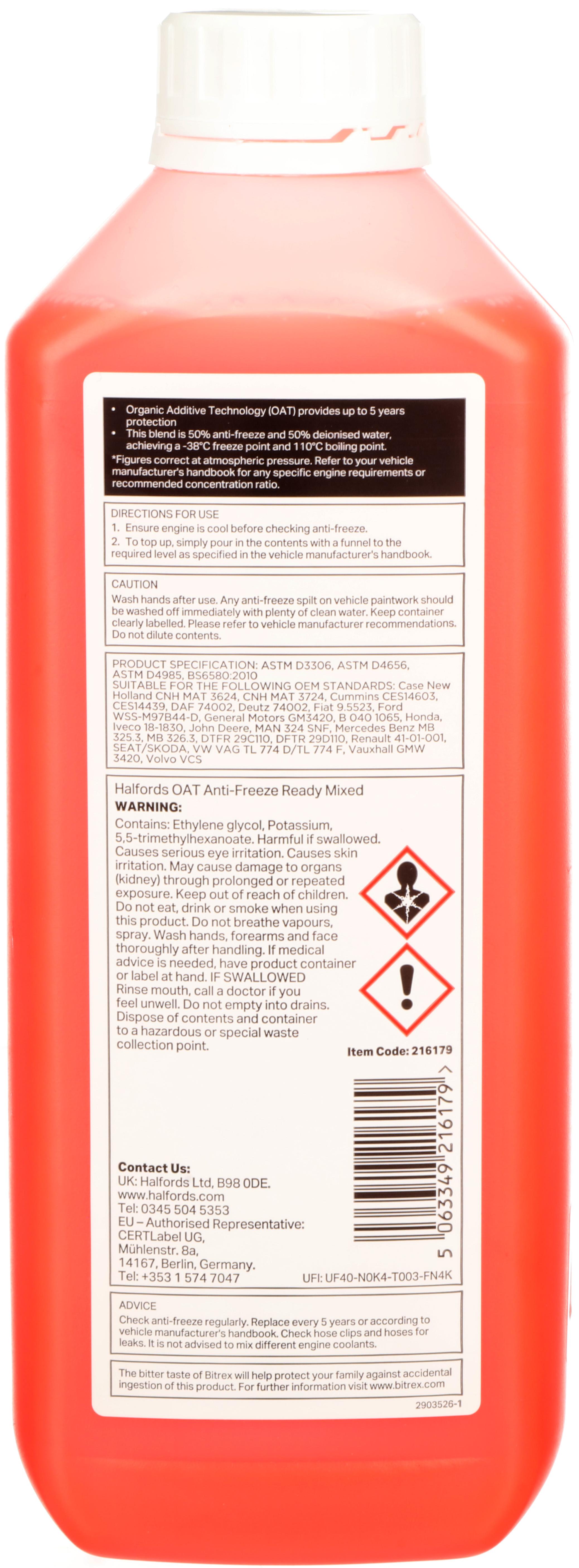 Halfords Essentials OAT Ready Mixed Antifreeze & Coolant 1L