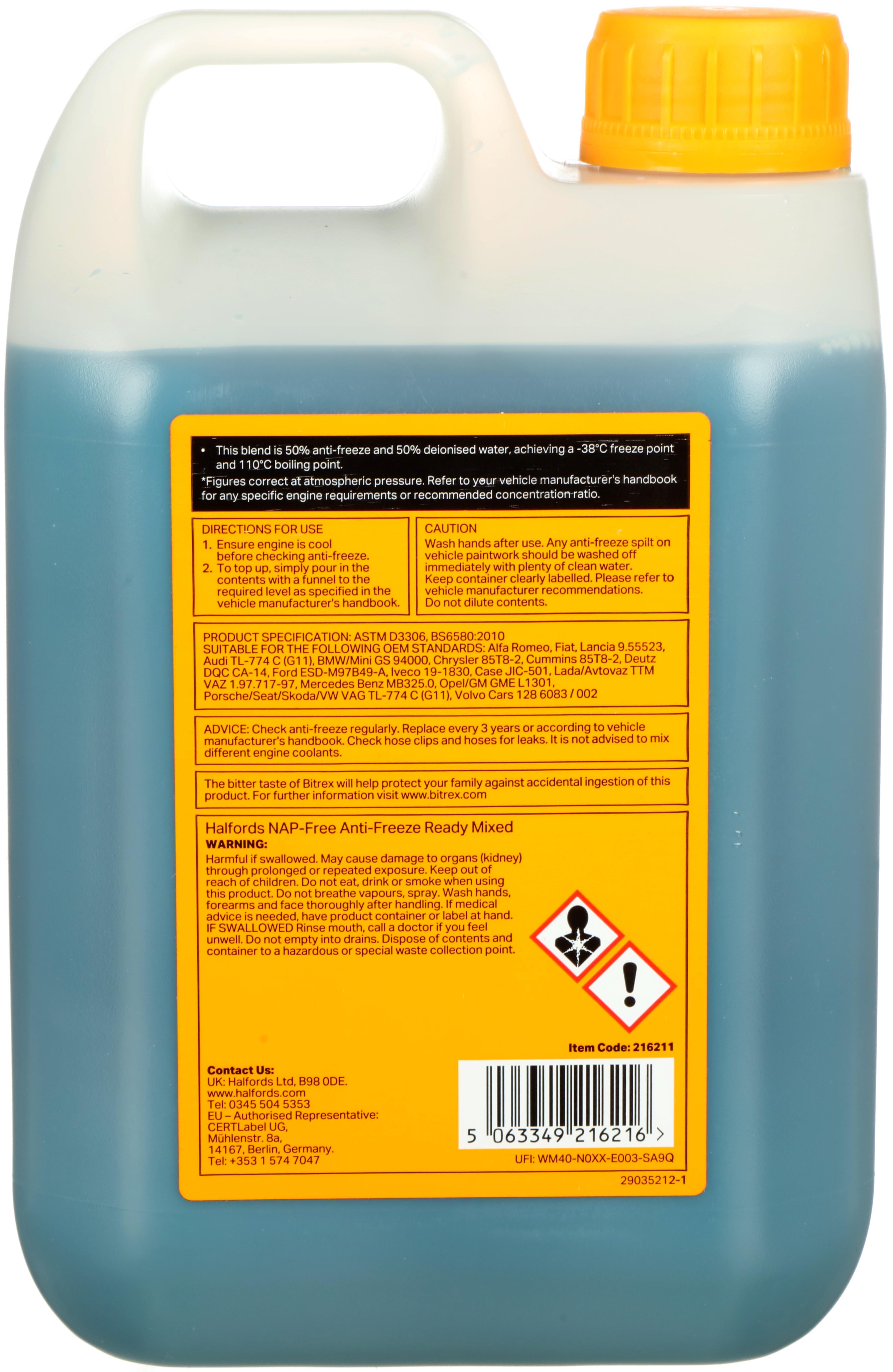 Halfords NAP-Free Hybrid Antifreeze & Coolant Ready Mixed 2L