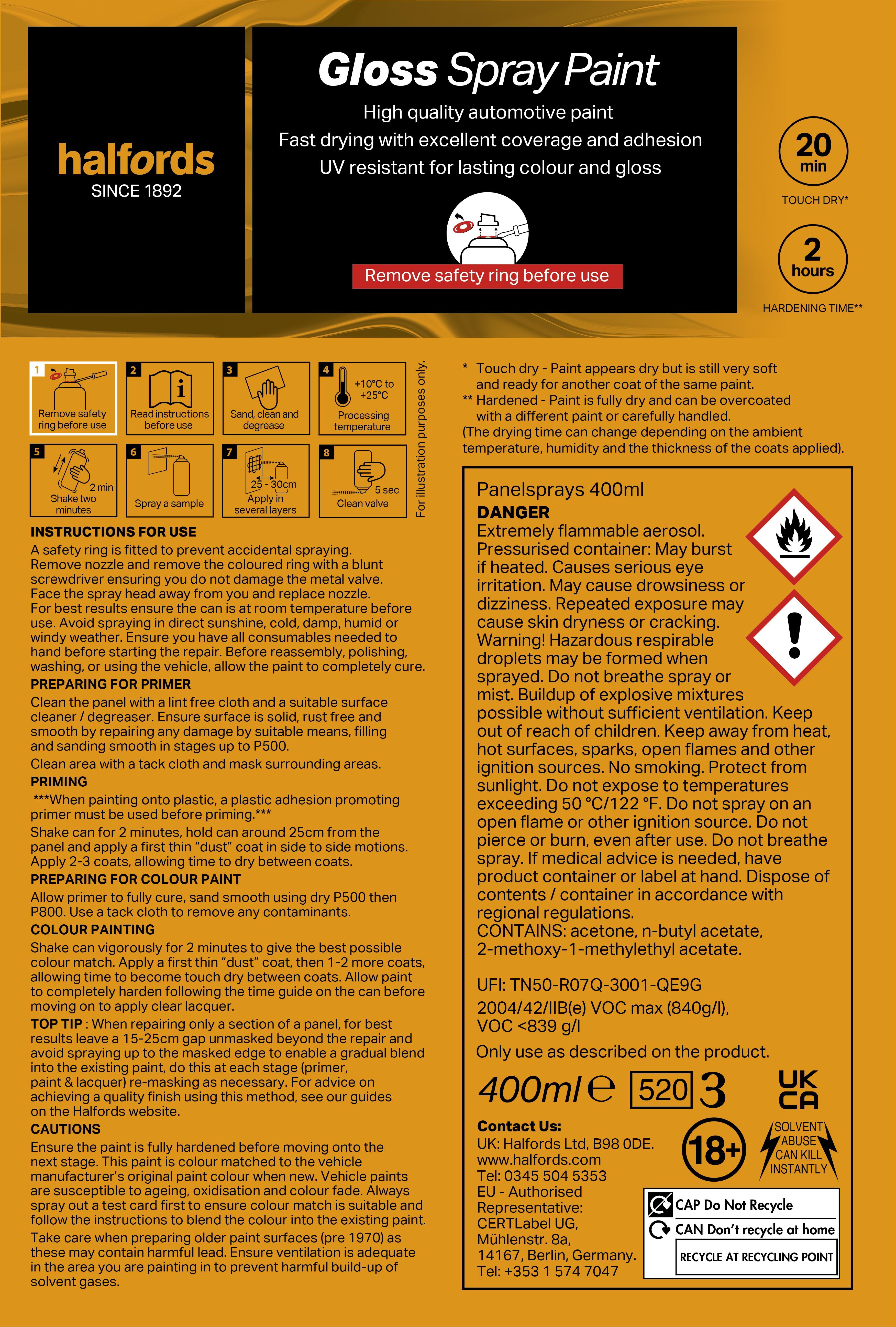 Halfords S5-130 Yellow Gloss Car Spray Paint - 400ml