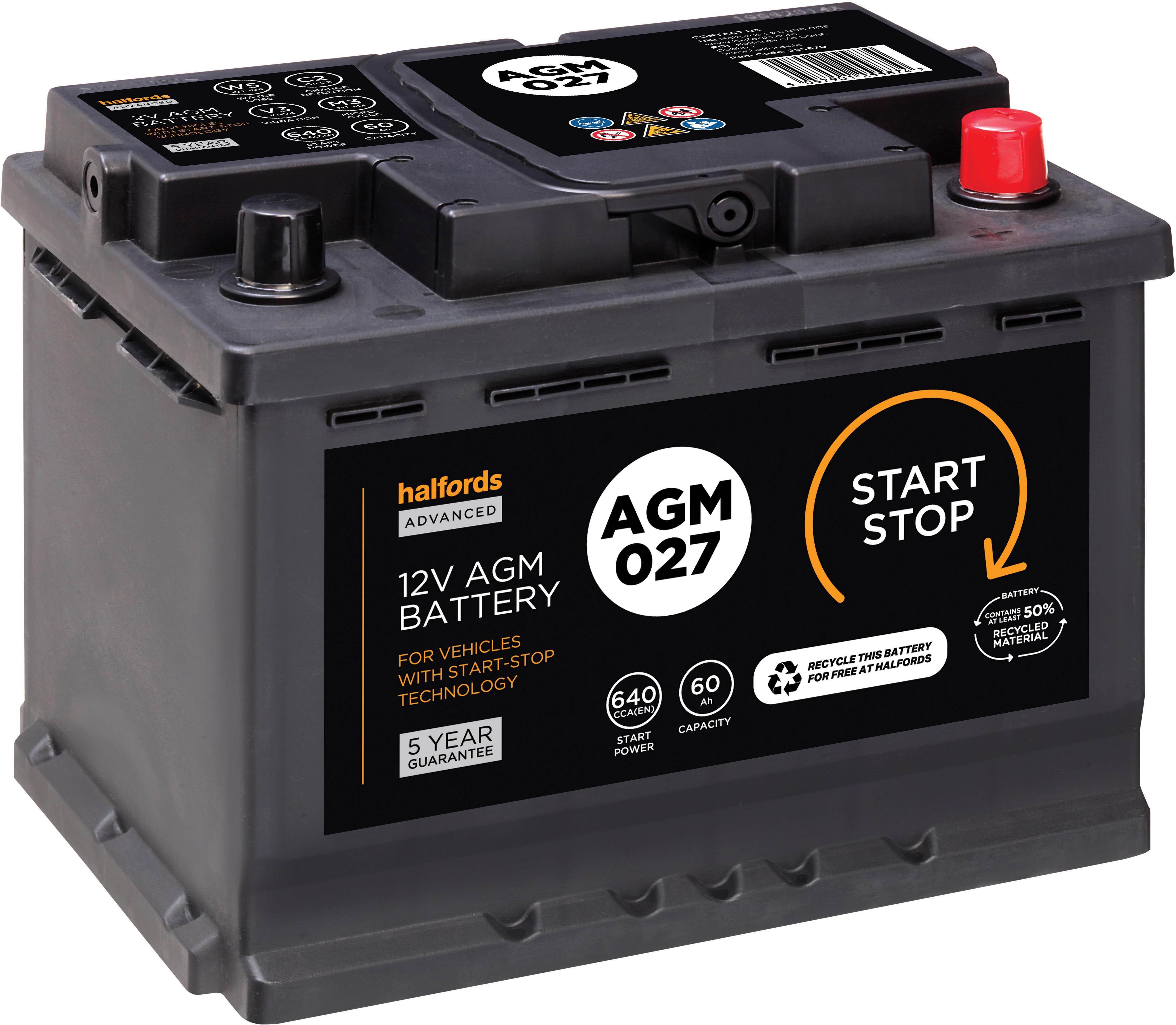 Halfords Agm027 Start Stop Car Battery 5 Year Guarantee