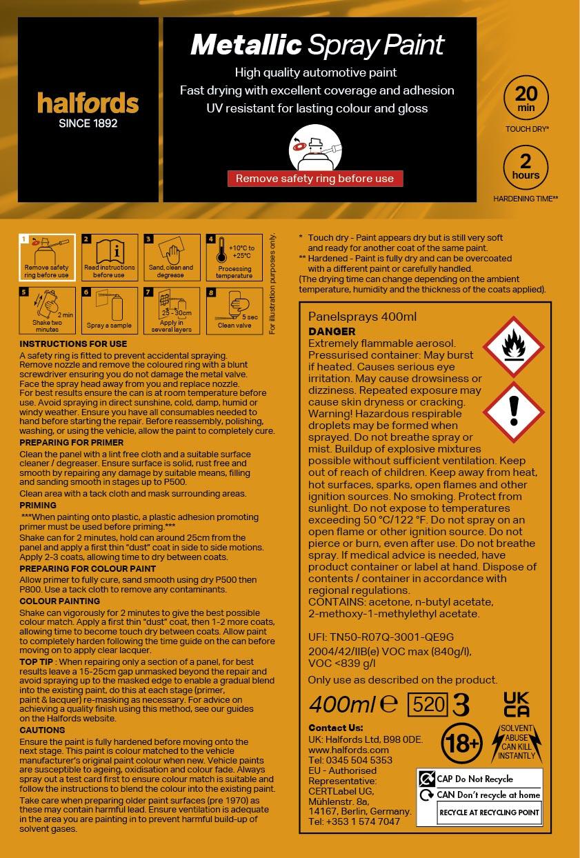 Halfords M0-180 Silver Metallic Car Spray Paint - 400ml