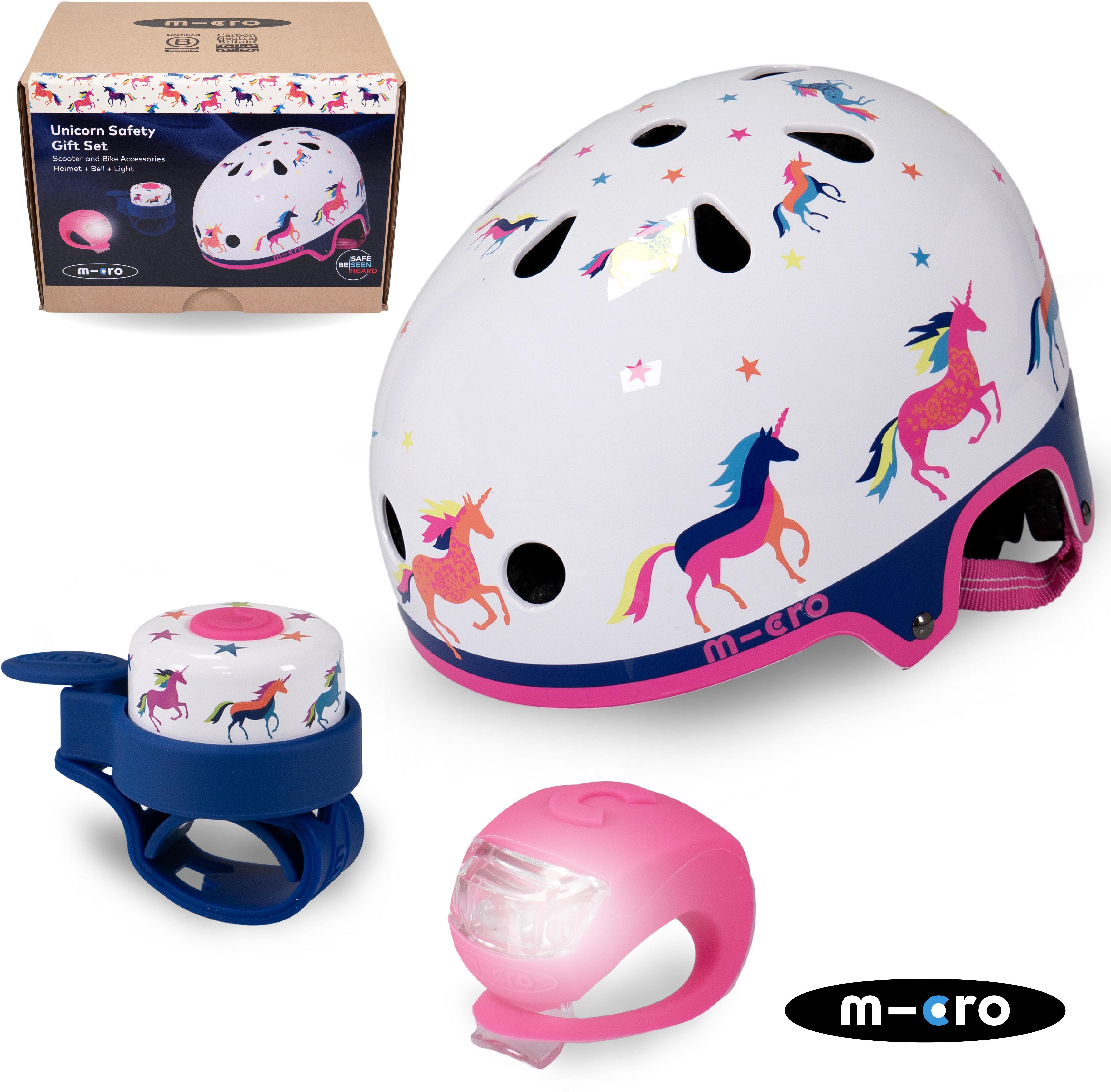 Halfords Micro Scooters Unicorn Print Safety Set: Helmet, Bell and Light | Pricematch, Extra 8% off for BC Members, Free Bike Health Check, Cycle2Work Scheme & 0% APR Finance.