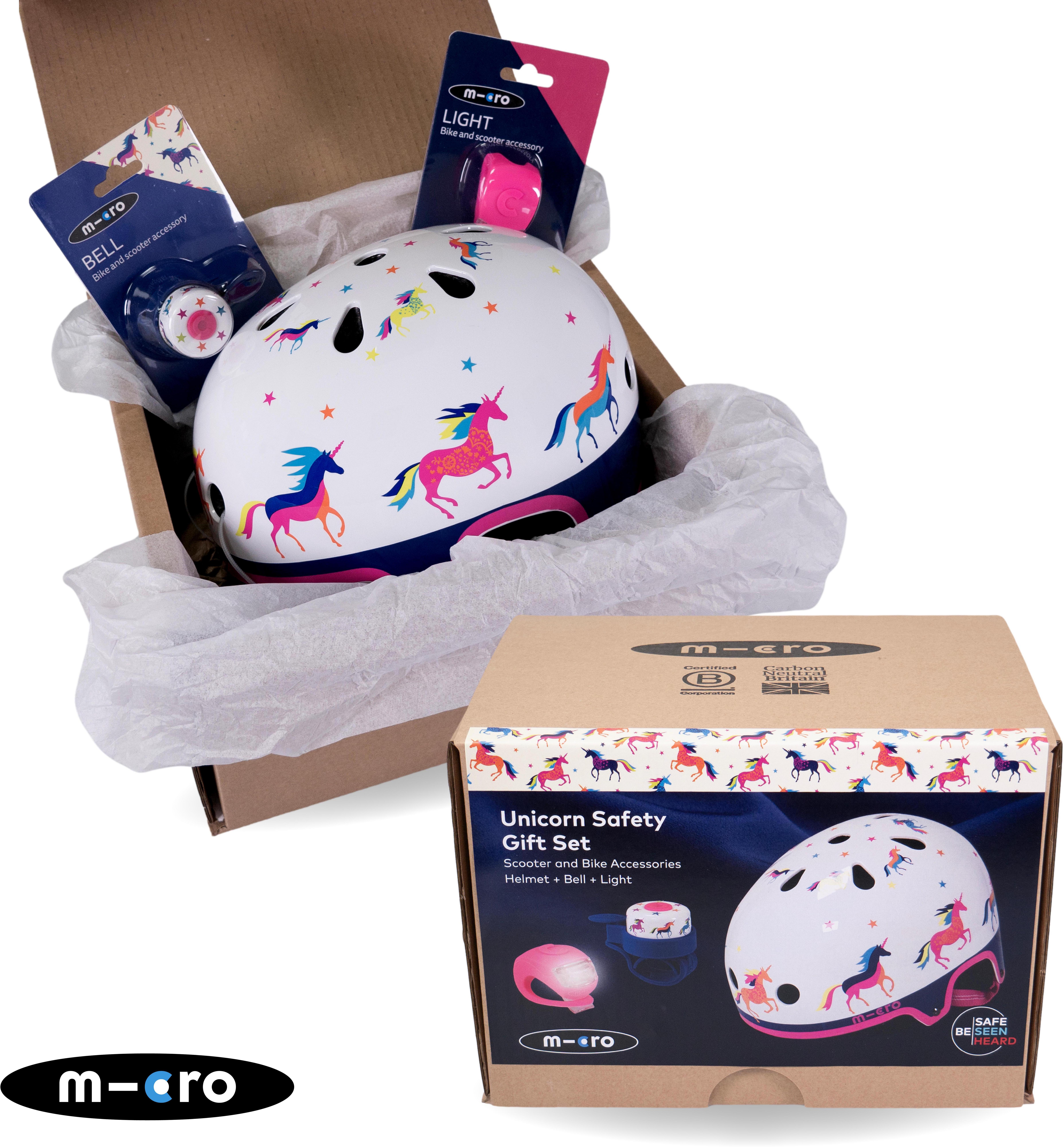 Unicorn Print Safety Set: Helmet, Bell and Light