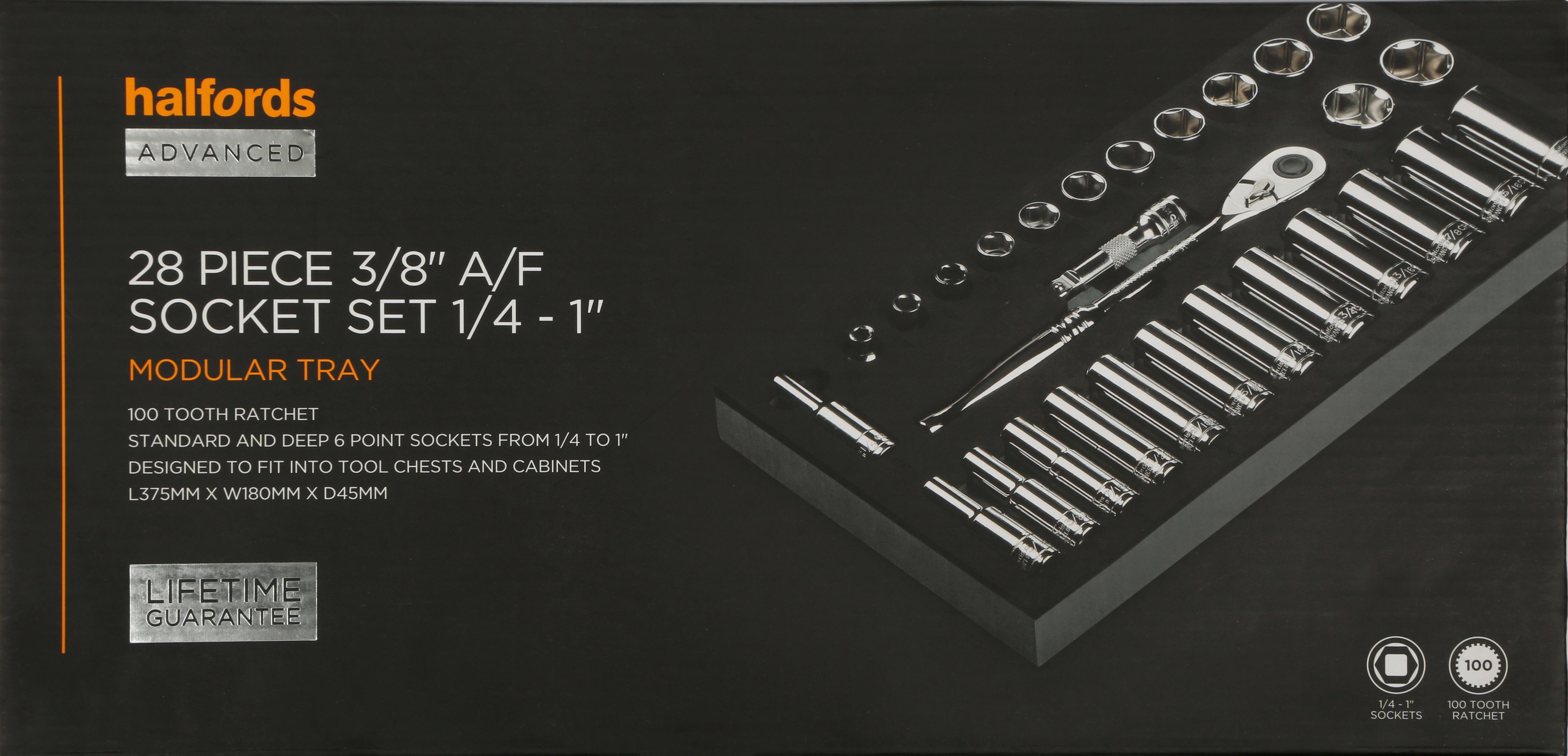 Halfords Advanced 28 Piece 3/8" A/F Socket Set Modular Tray