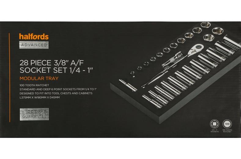 Halfords Advanced 28 Piece 3/8" A/F Socket Set Modular Tray Halfords Advanced 28 Piece 3/8" A/F Socket Set Modular Tray