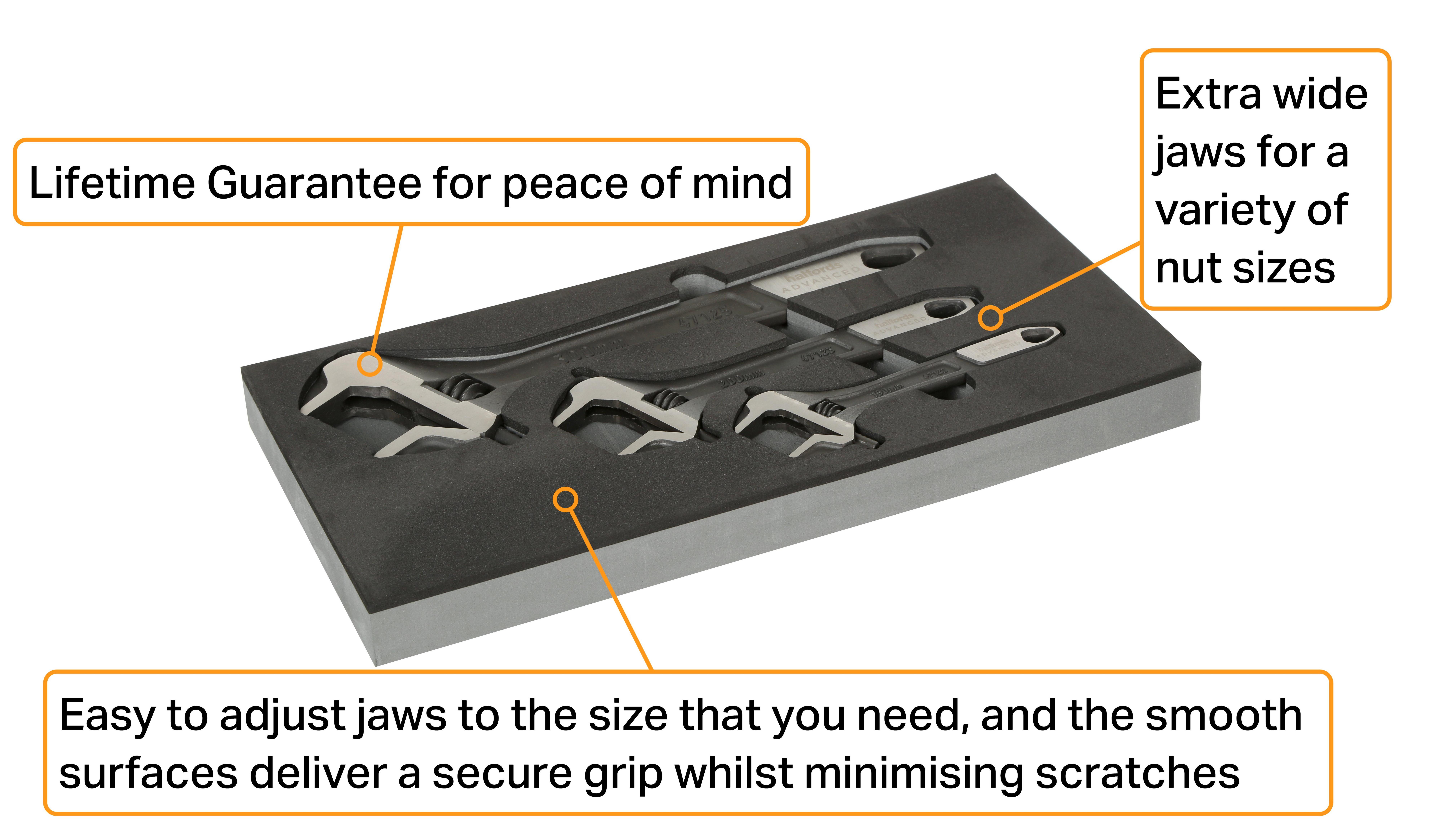 Halfords Advanced 3 Piece Adjustable Wrench Set Modular Tray
