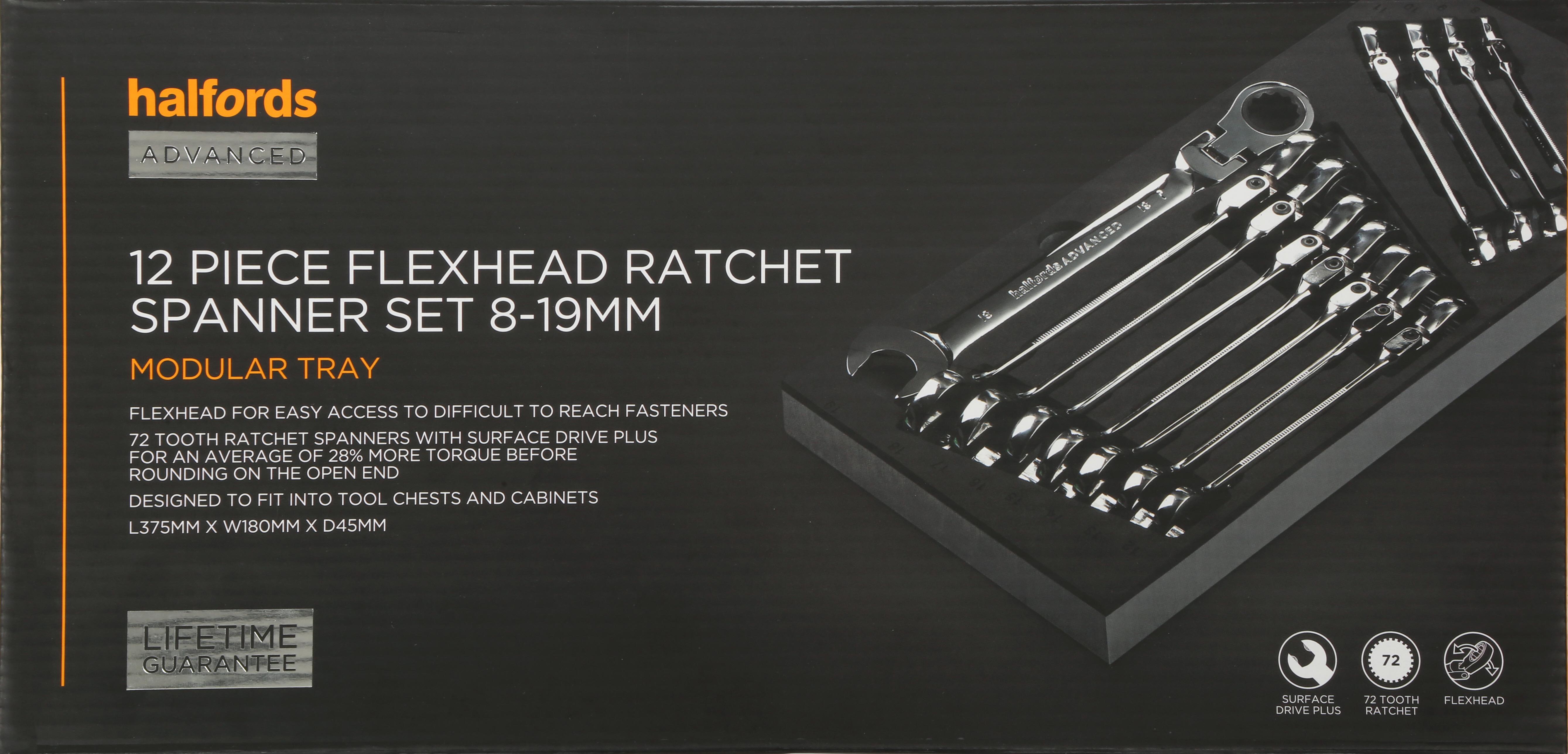 Halfords Advanced 12 Piece Flexhead Ratchet Spanner Set Modular Tray