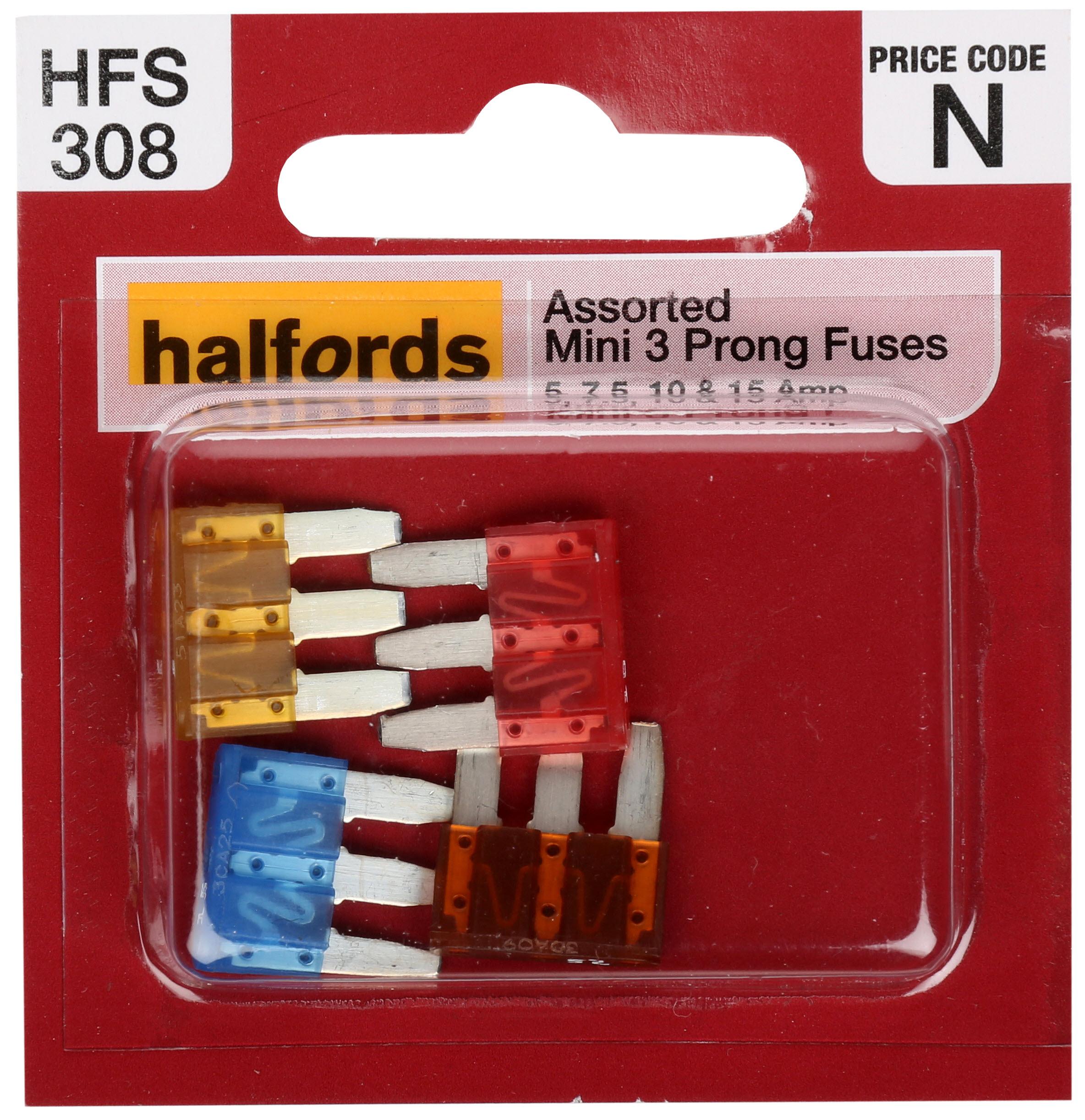 Halfords Mini Assorted Prong Fuses- 7.5Amp, 10Amp, 15Amp