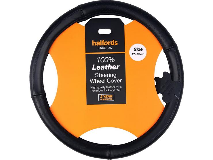 Halfords Black 100% leather steering wheel cover 342118
