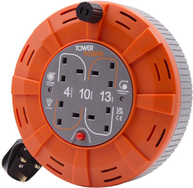 Tower 4 Socket 10 Metre 13 Amp Cable Reel Cassette