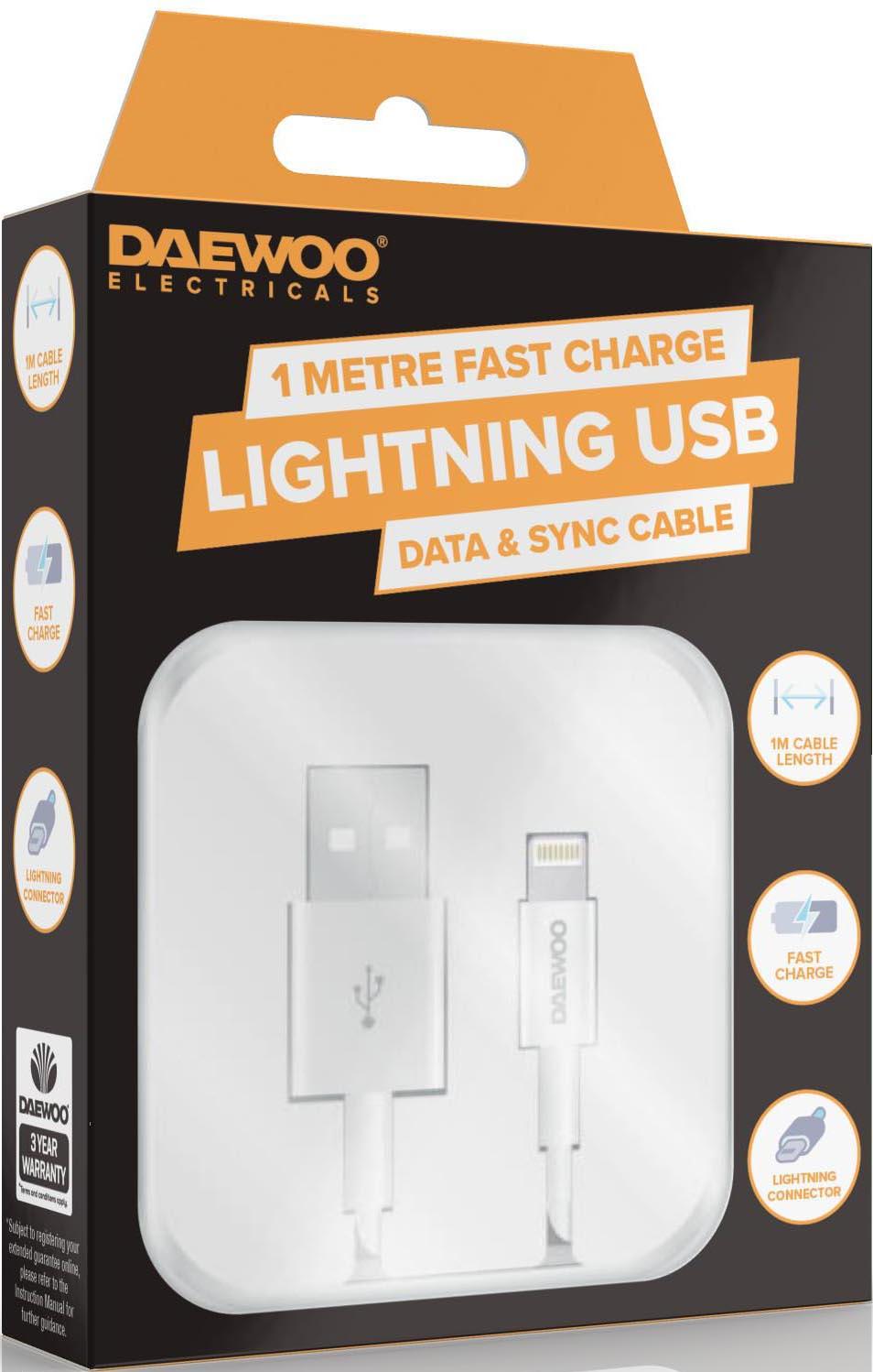 DAEWOO 1 METRE USB-A TO 8 PIN LIGHTNING CABLE 2.1A FAST CHARGE