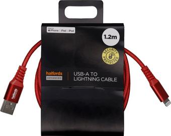 Halfords USB-A to Lightning 1.2m Red