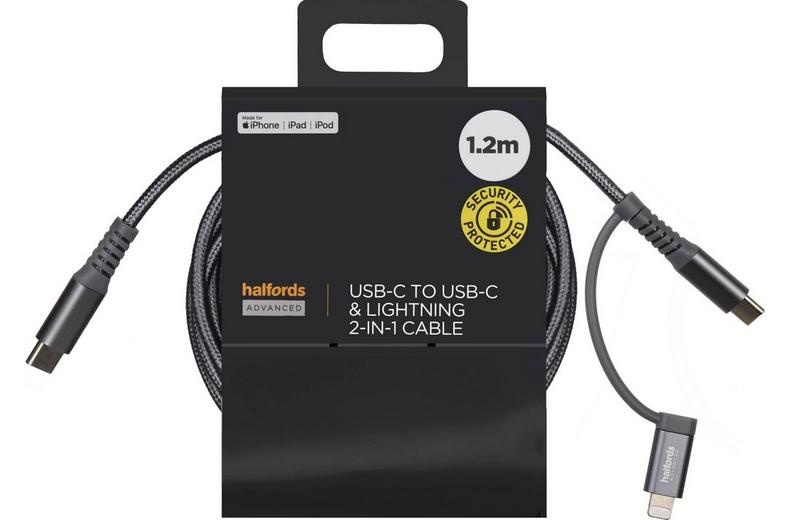 Halfords USB-C-USB-C&Lightning 1.2m Charcoal Halfords USB-C-USB-C&Lightning 1.2m Charcoal
