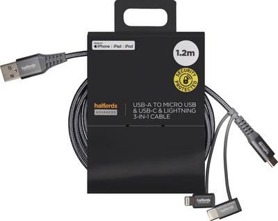 Halfords USB-A to USB-C & Lightning Cable 1.2m Charcoal Halfords USB-A to USB-C & Lightning Cable 1.2m Charcoal