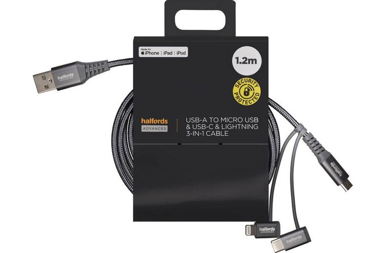 Halfords USB-A to USB-C & Lightning Cable 1.2m Charcoal Halfords USB-A to USB-C & Lightning Cable 1.2m Charcoal