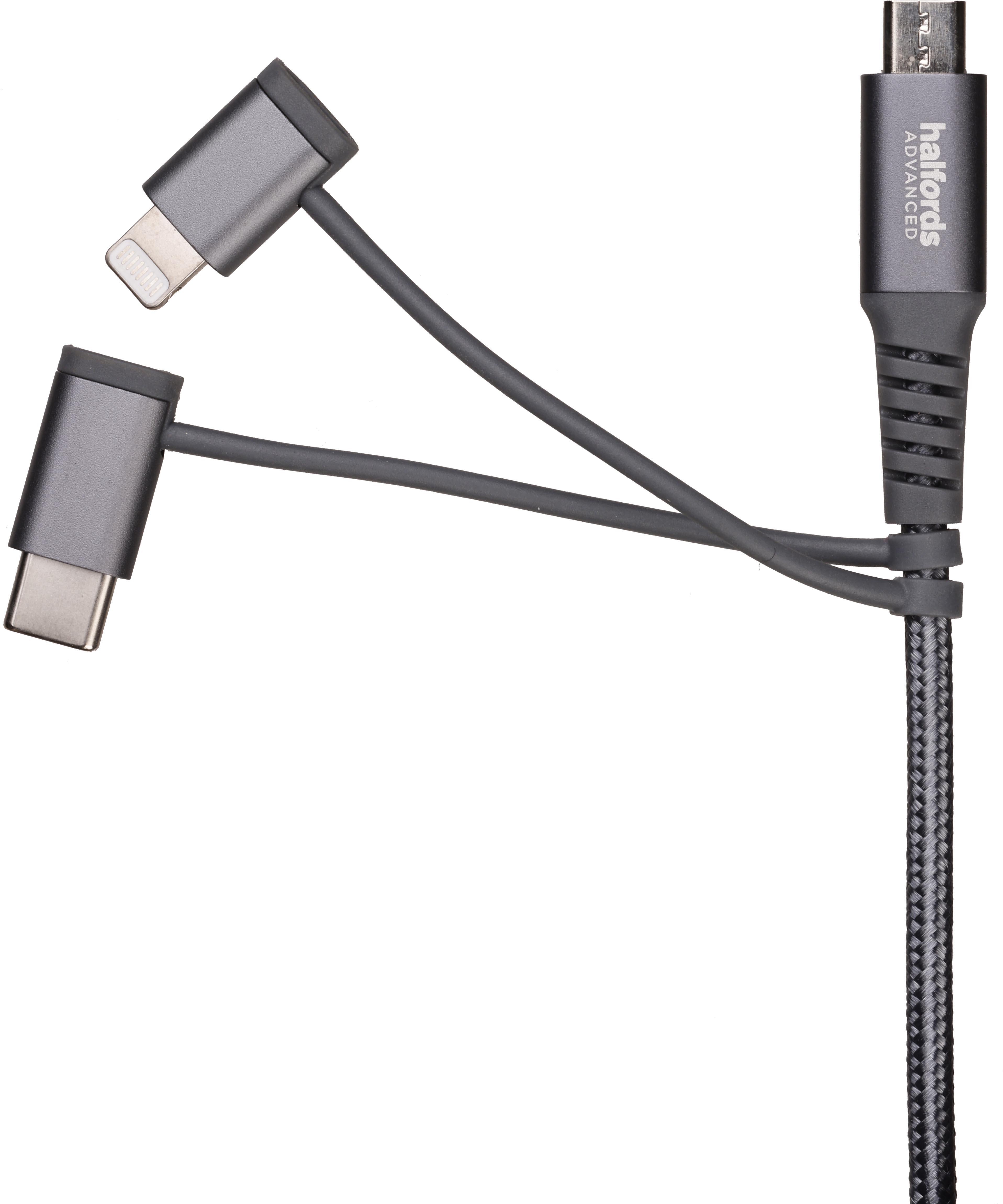 Halfords USB-A to USB-C & Lightning Cable 1.2m Charcoal