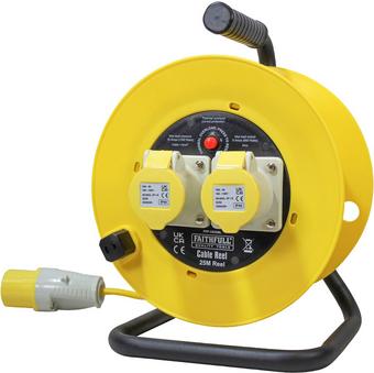 Faithfull Open Drum Cable Reel 110V 16A 2-Socket 25m (1.5mm Cable)