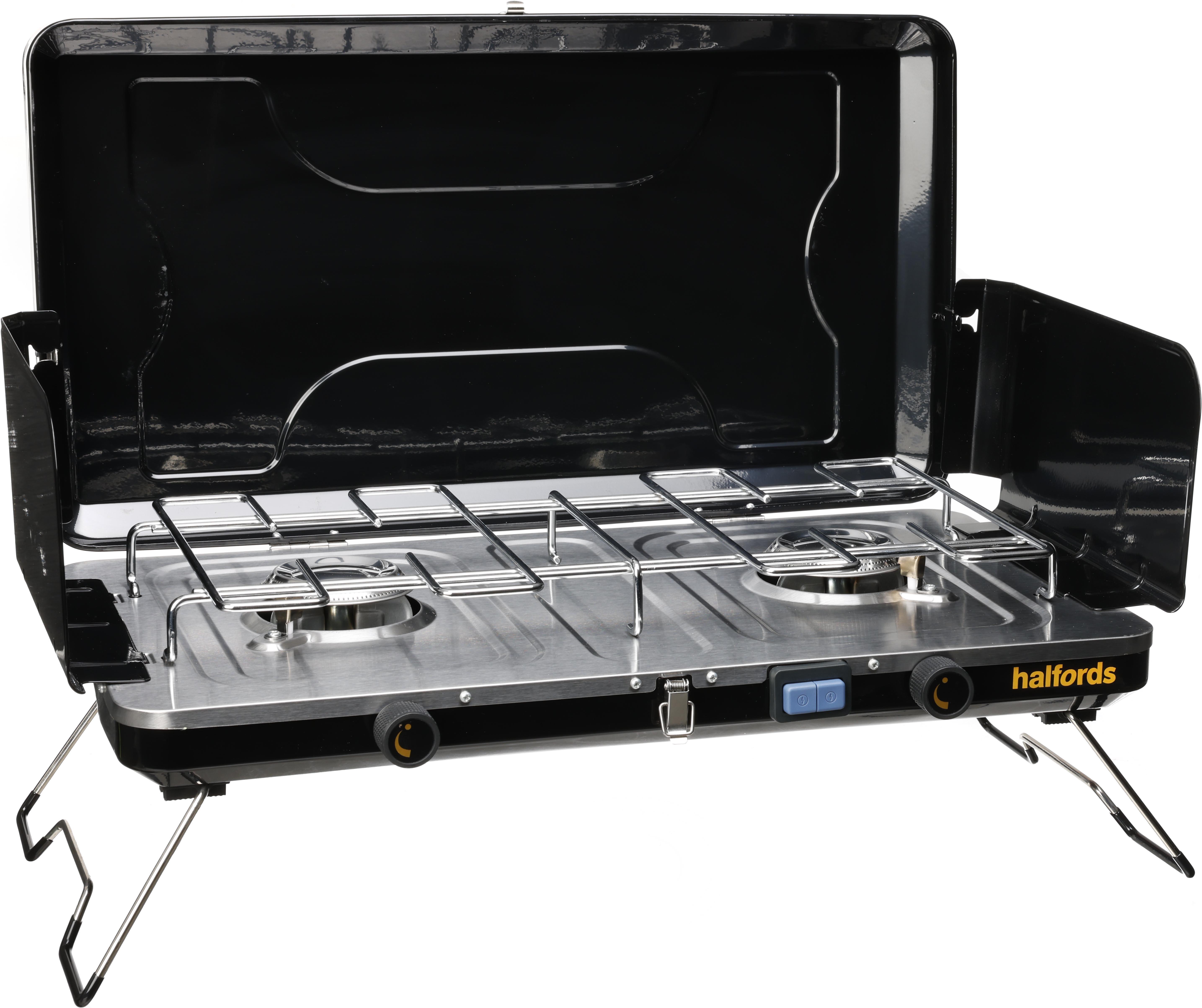 Halfords Double Gas Stove with Griddle Pans