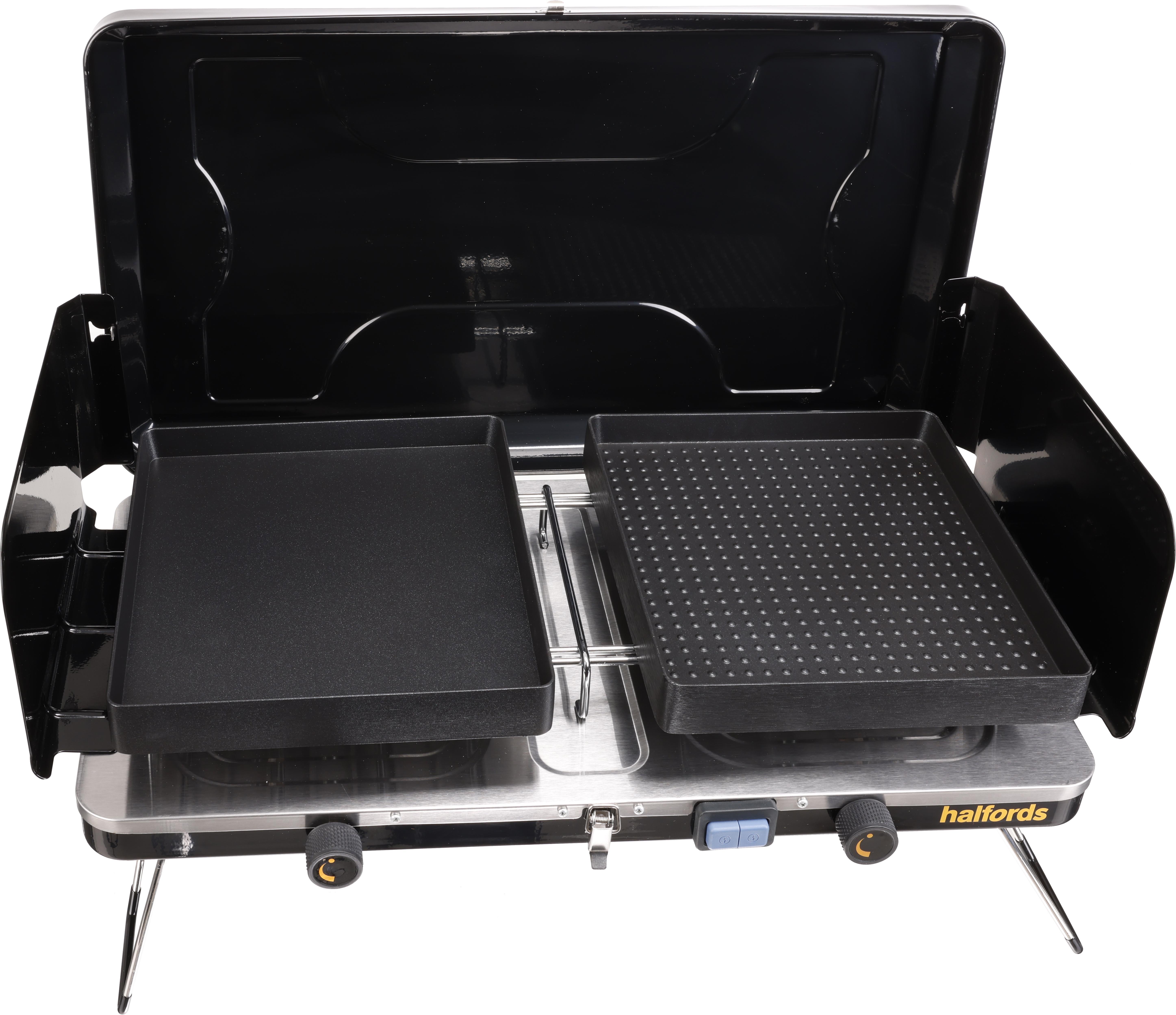 Halfords Double Gas Stove with Griddle Pans