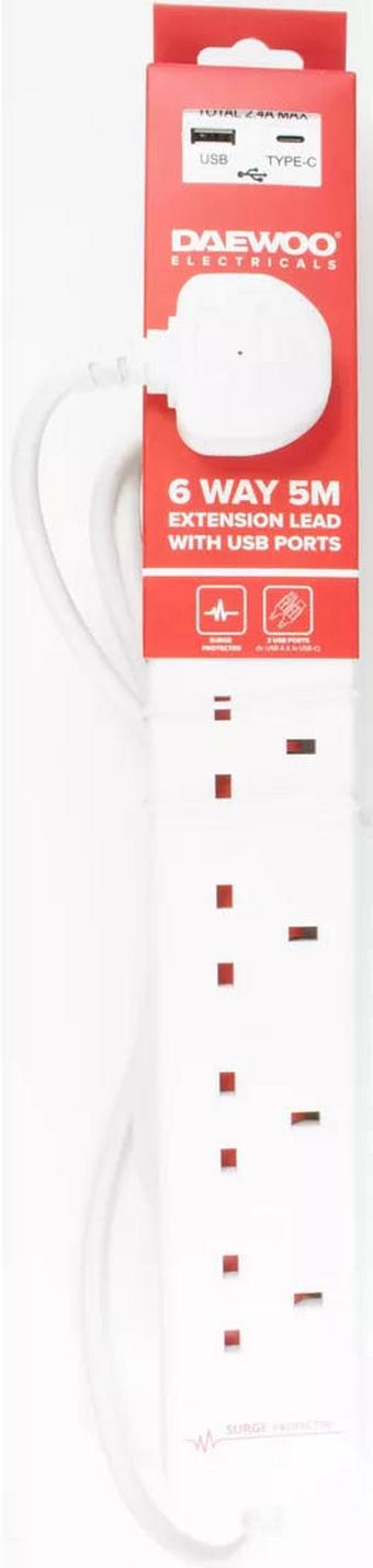 Daewoo 6 Way 5M Extension Lead with USB-A and USB-C Ports