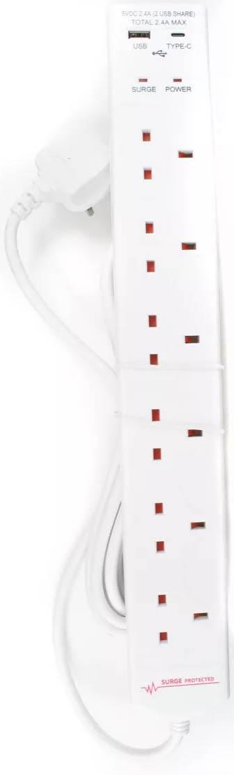 Daewoo 6 Way 5M Extension Lead with USB-A and USB-C Ports