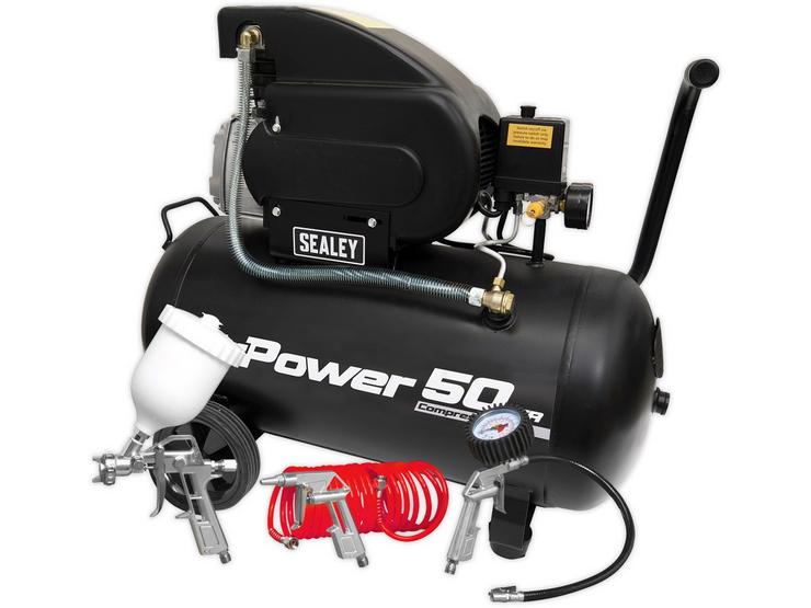 Sealey Compressor 50L Direct Drive 2hp with 4pc Air Accessory Kit