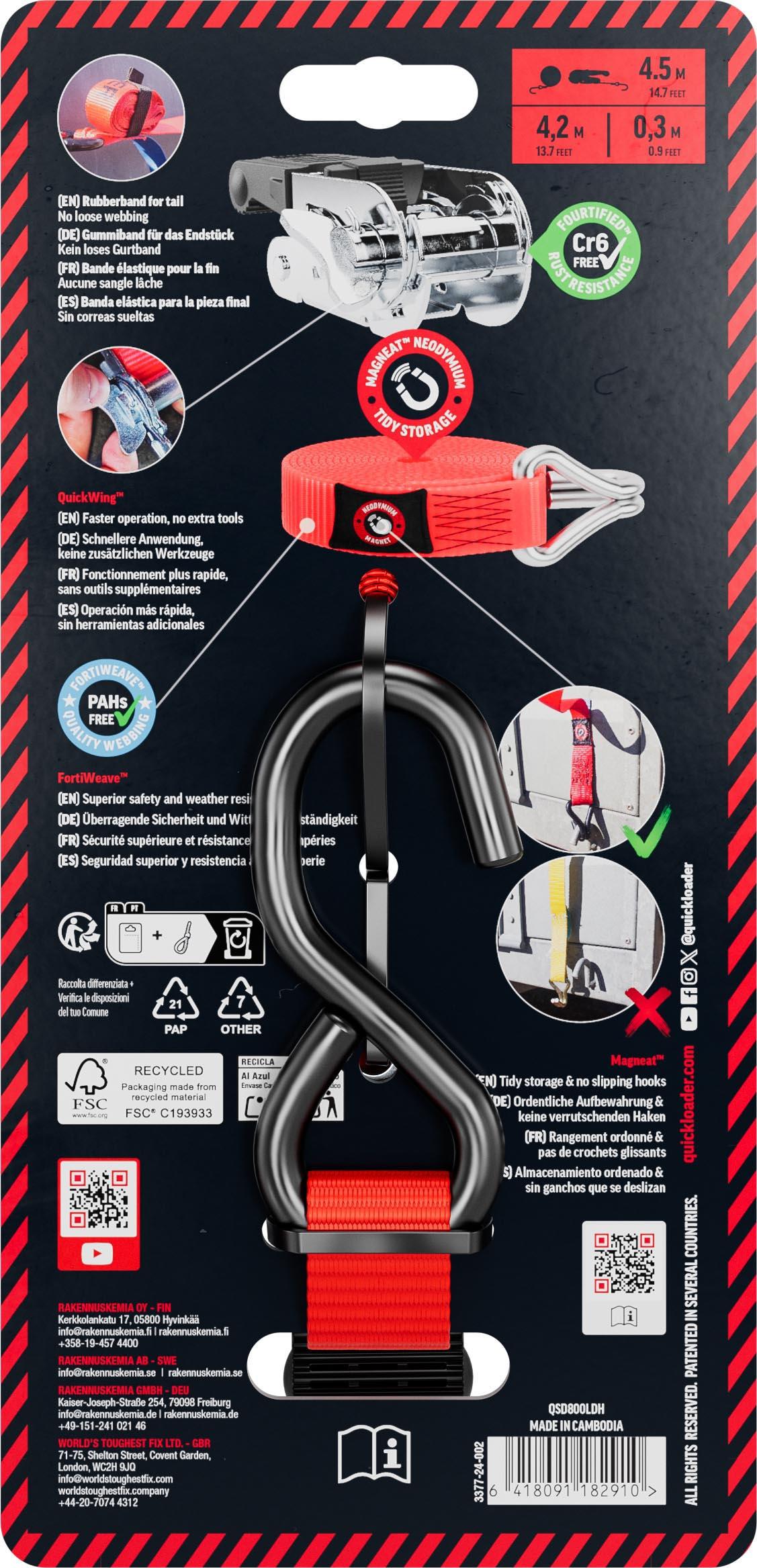 QUICKLOADER Standard Hybrid Magnetic Ratchet Strap QSD800LDH 800 KG 25MMX4.5 M 1-PACK