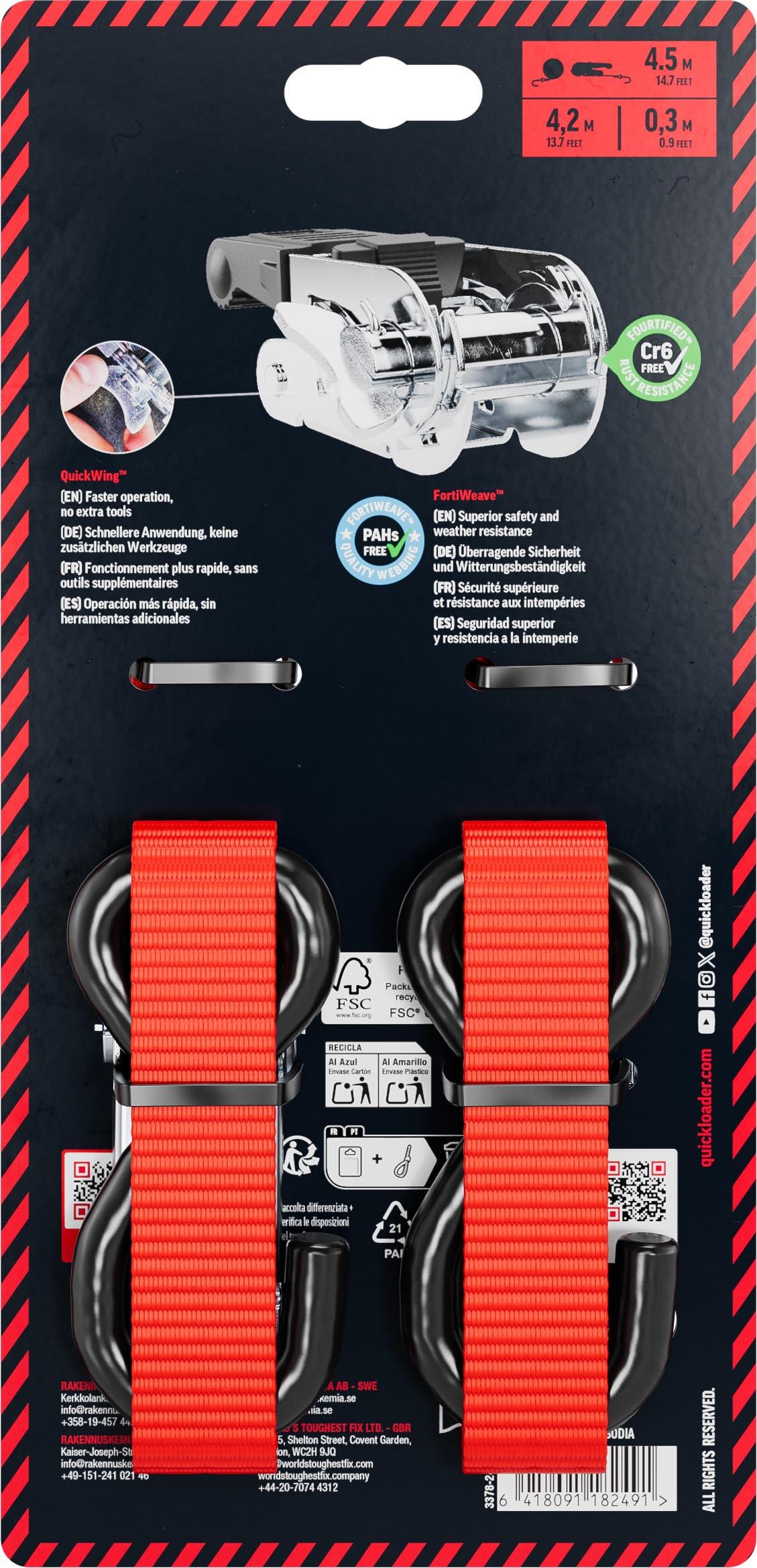 QUICKLOADER Standard Ratchet Strap QSD800LD 800 KG 25MMX4.5 M 2-PACK