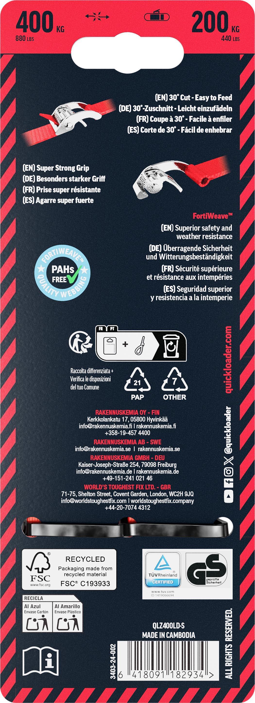 QUICKLOADER Z-Lock S-hook Cambuckle Strap  QLZ400LD-S 400 KG 25MMX4M 1-PACK