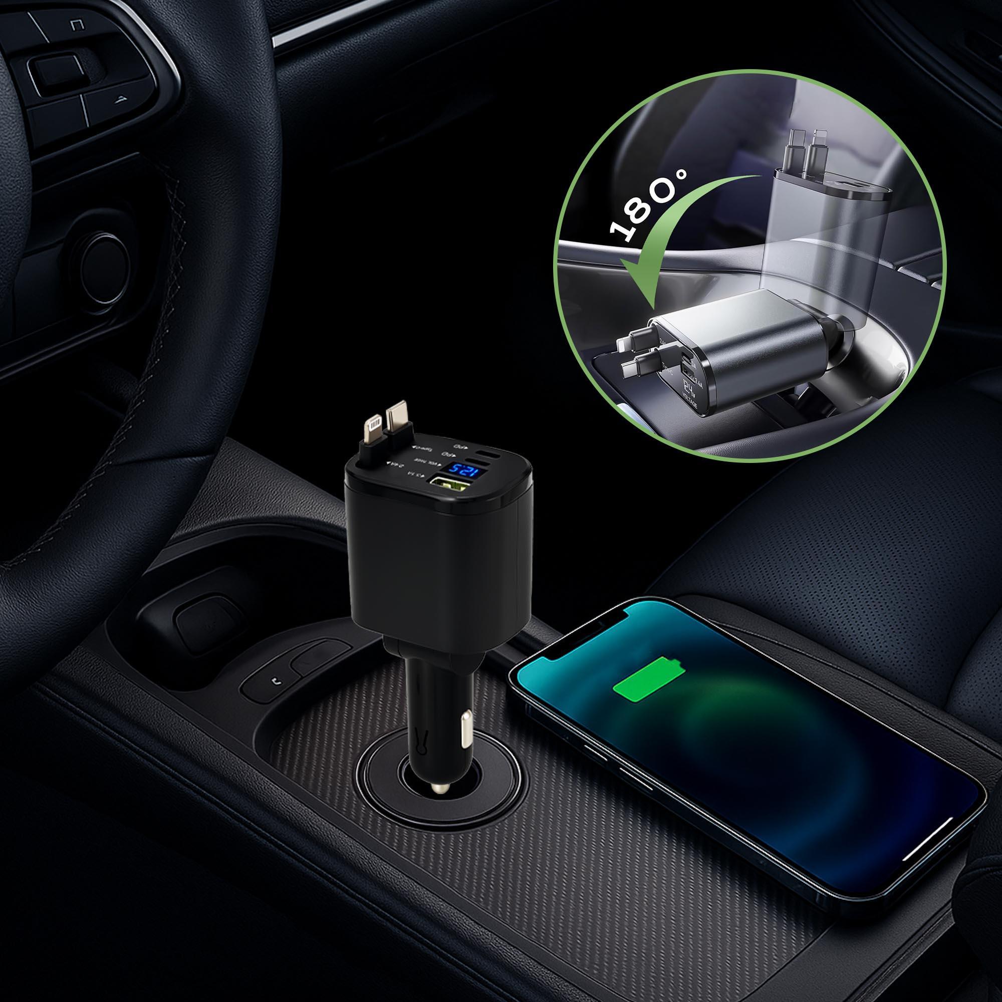 5-in-1 Retractable Car Charger with Voltmeter