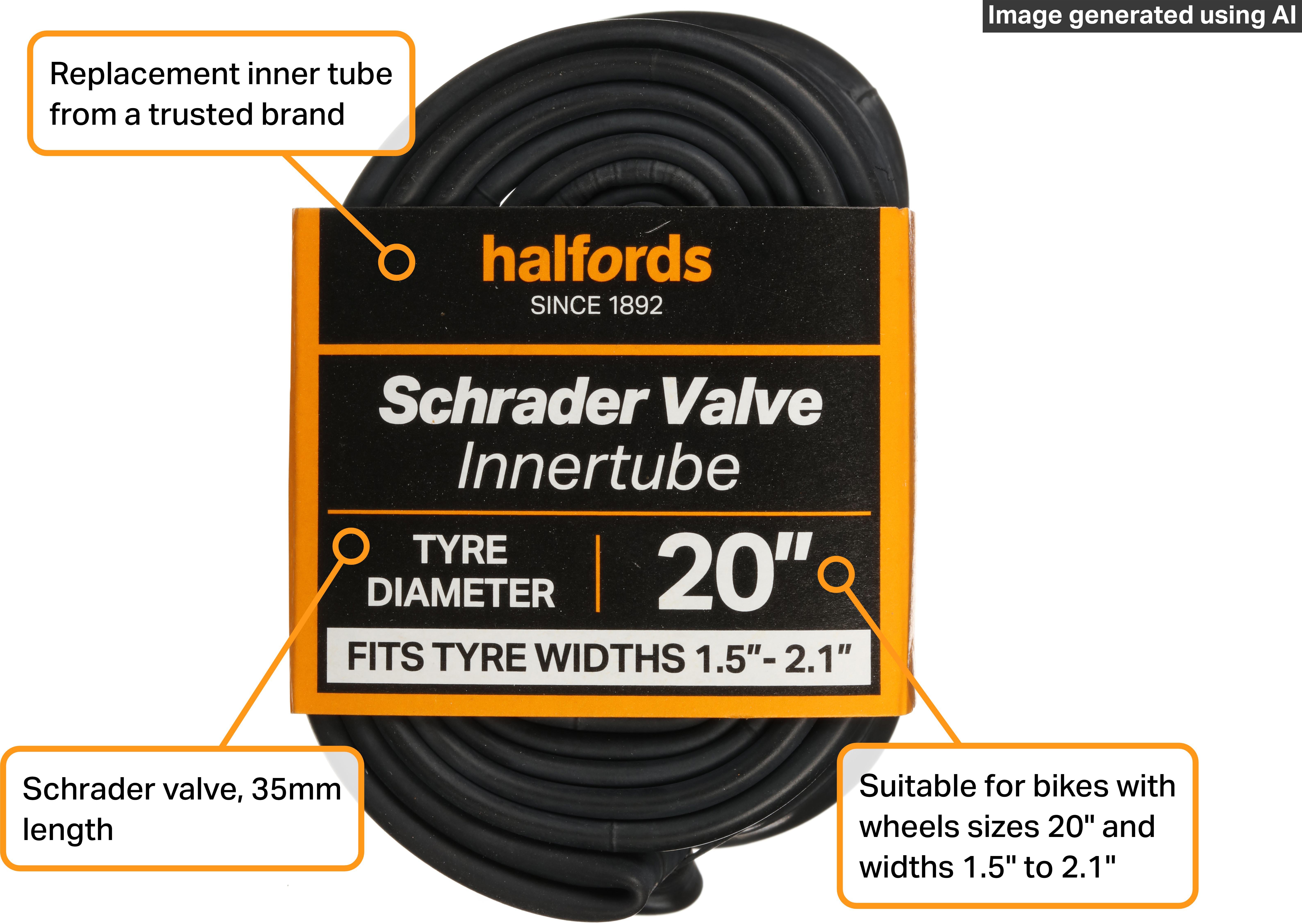 Halfords Schrader Bike Inner Tube 20" x 1.5" - 2.1"