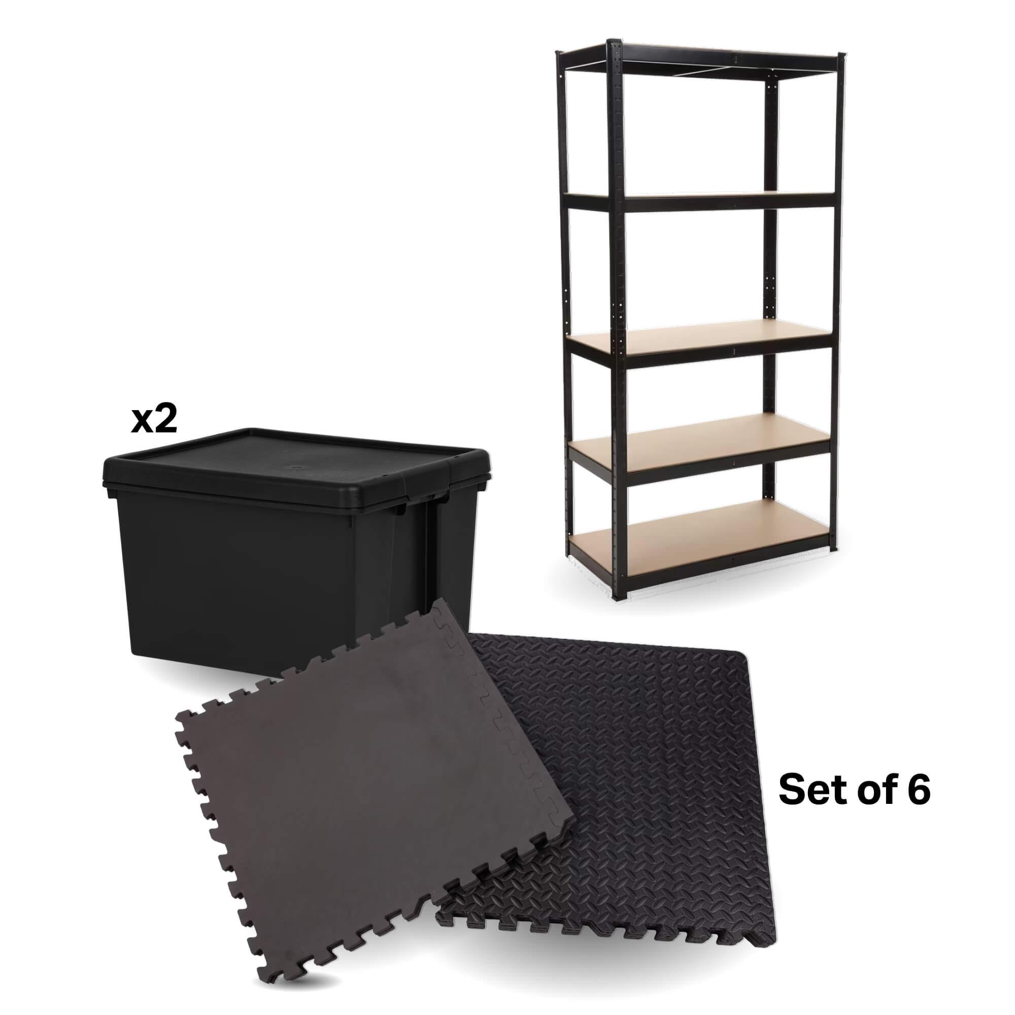 Halfords Storage Bundle - Boltless Shelving Unit 175kg , 6pc Black Floor Mats and Heavy Duty Boxes