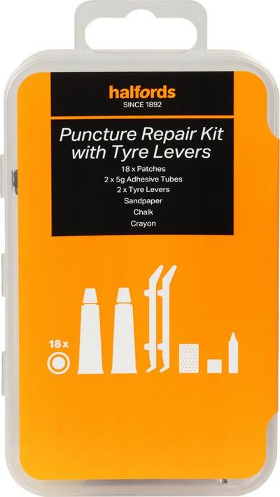 Halfords Essentials Puncture Repair Kit with Tyre Levers - Large Halfords Essentials Puncture Repair Kit with Tyre Levers - Large