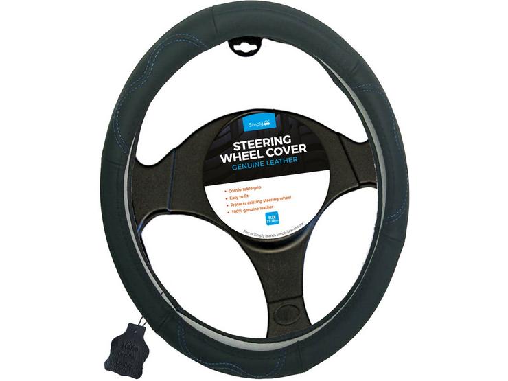 100% Leather Steering Wheel Cover Blue Stitching