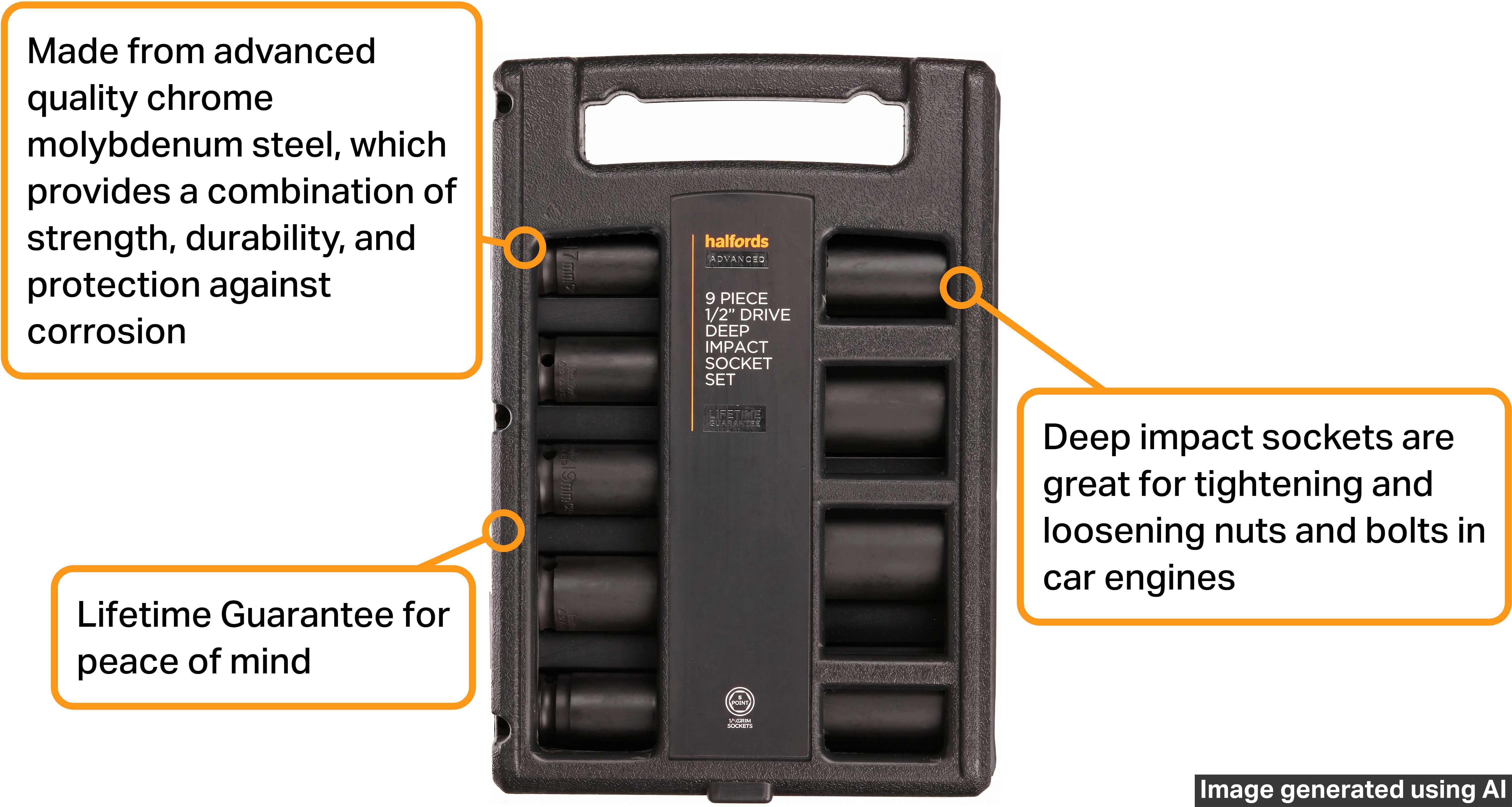 Halfords Advanced 9 Piece 1/2” Drive Impact Deep Socket Set