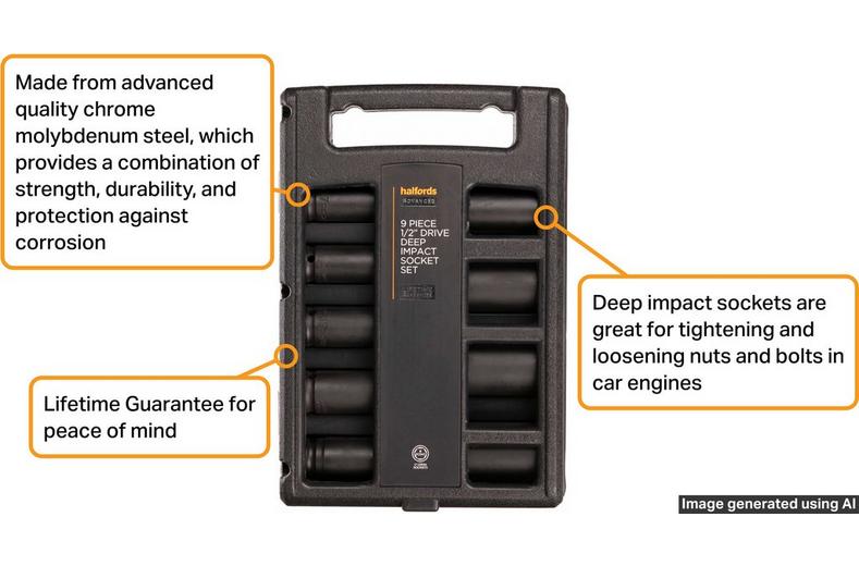Halfords Advanced 9 Piece 1/2” Drive Impact Deep Socket Set Halfords Advanced 9 Piece 1/2” Drive Impact Deep Socket Set