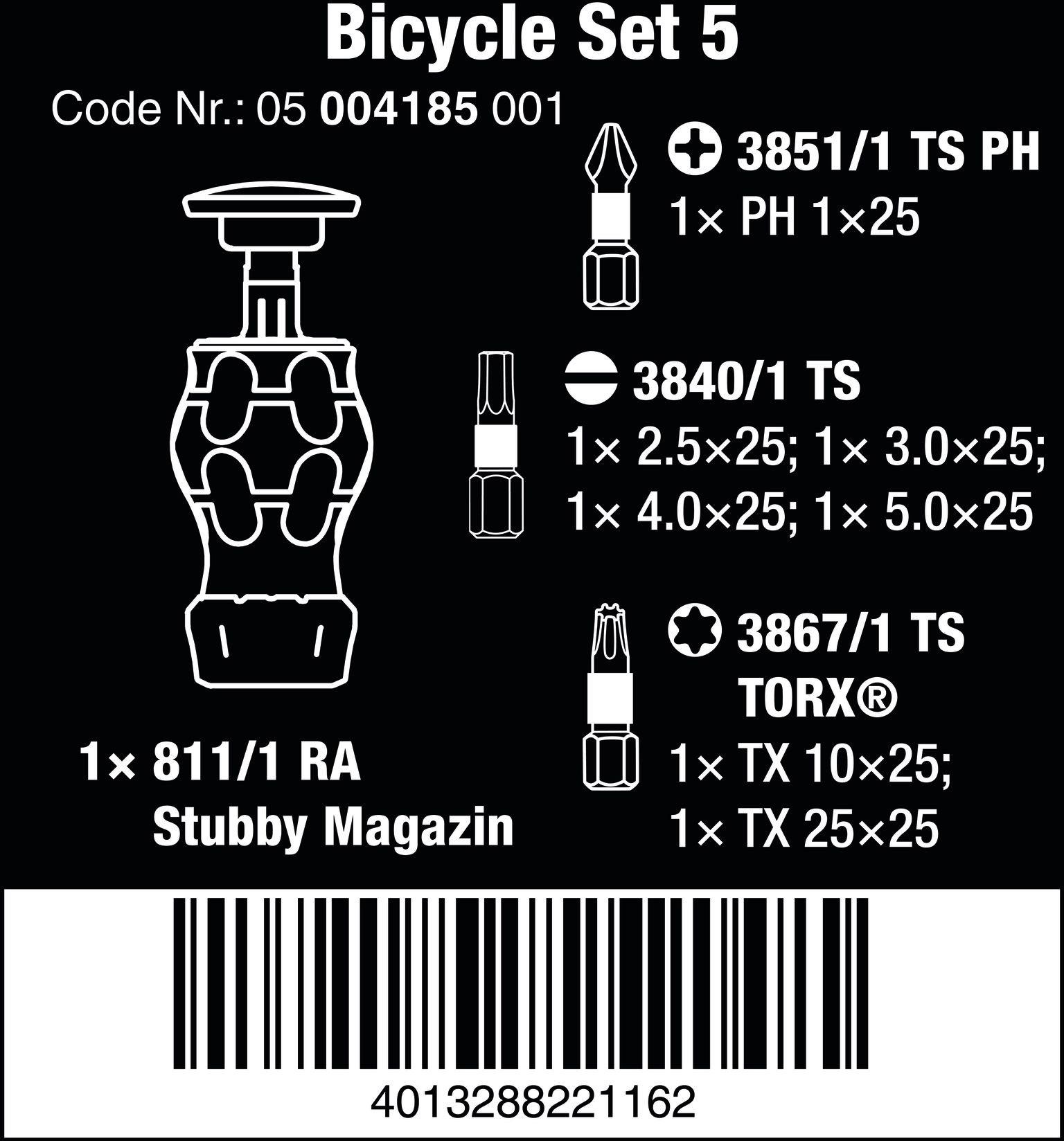 Wera Bicycle Set 5 Kraftform Kompakt Stubby Screwdriver/Ratchet & Bits Set 7pcs