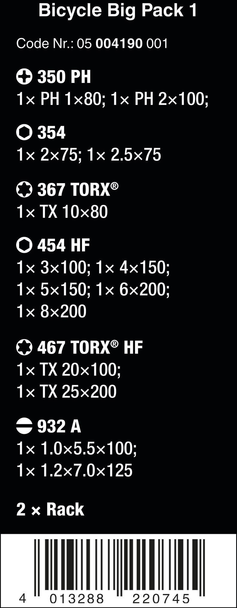 Wera Bicycle Big Pack 1 – T-Handle Hex/ Torx Key, Kraftform Screwdriver & Chiseldriver Set 14pcs