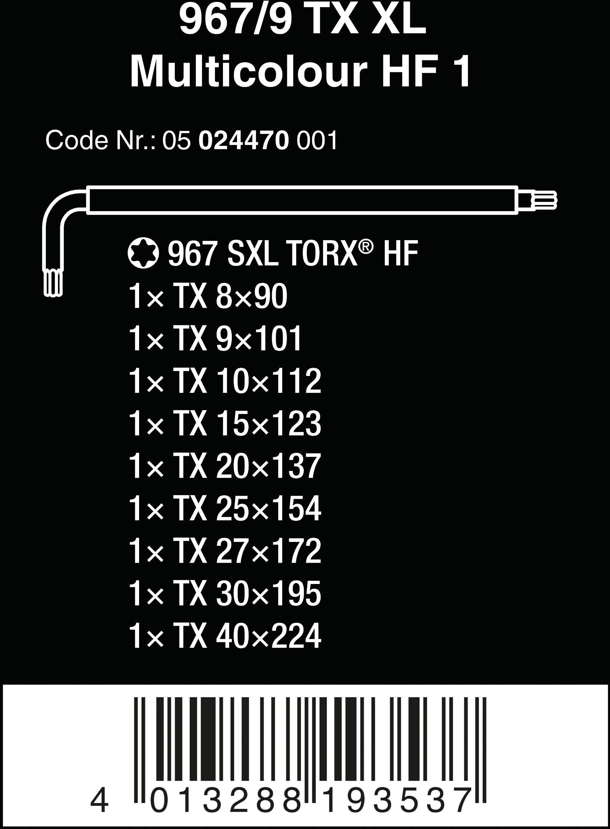 Wera 967/9 TX XL Multicolour HF 1 L-key Set With Holding Function 9pcs