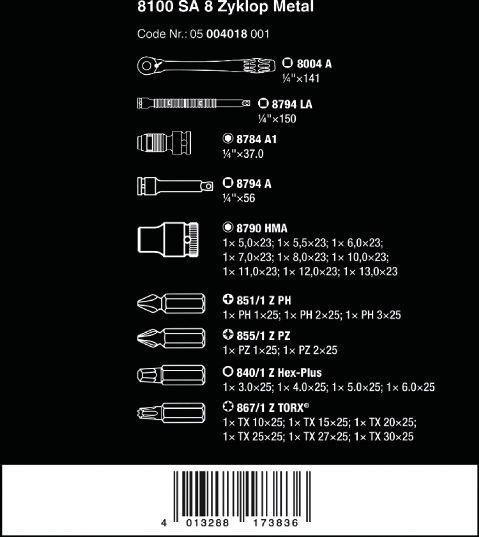 Wera 8100 SA 8 Zyklop Metal Ratchet Set With Switch Lever 1/4 Drive